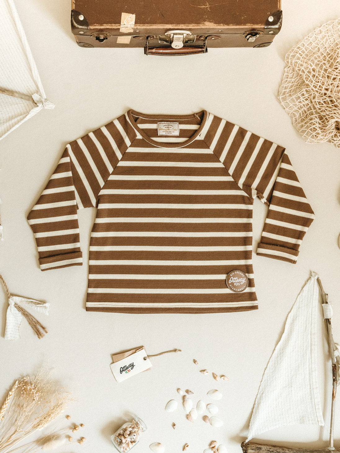 Nolan Striped Long Sleeve Unisex T-Shirt - Brown and Cream - Kids