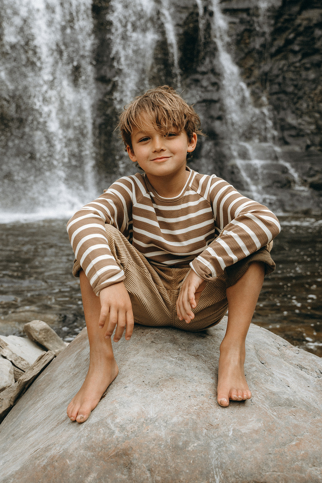 Nolan Striped Long Sleeve Unisex T-Shirt - Brown and Cream - Kids