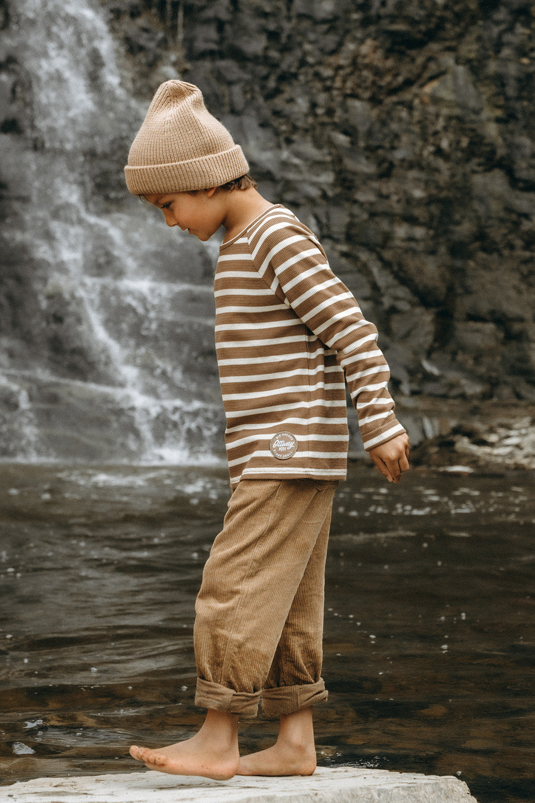 Nolan Striped Long Sleeve Unisex T-Shirt - Brown and Cream - Kids