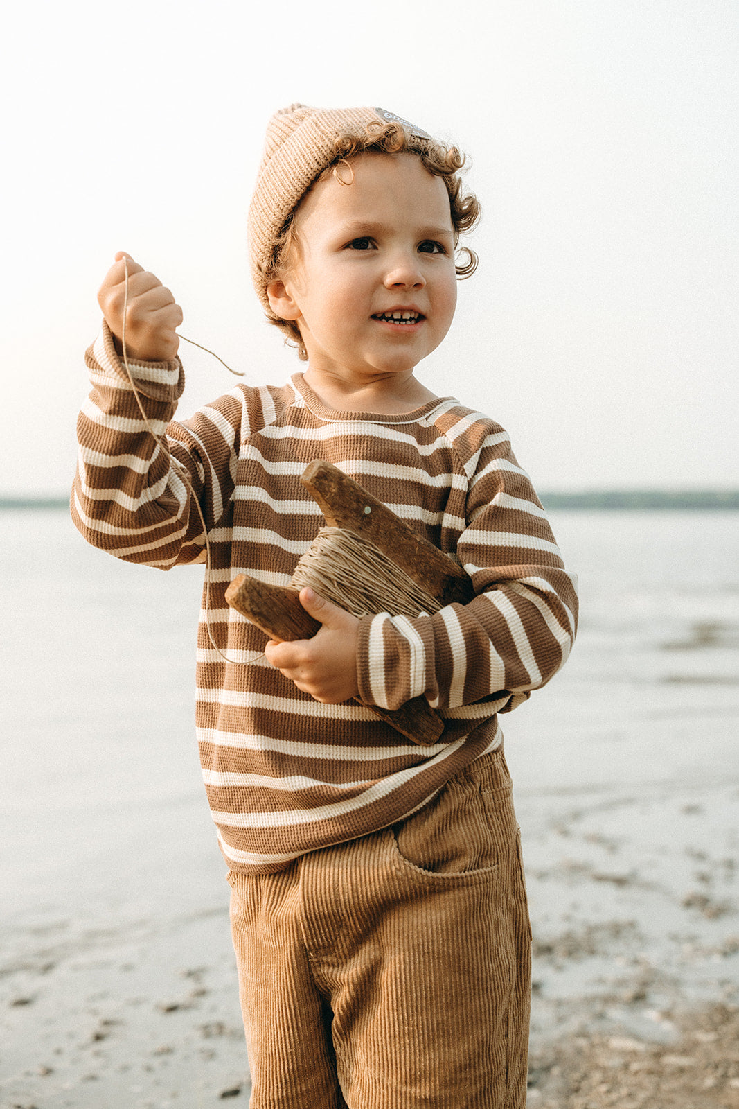 Nolan Striped Long Sleeve Unisex T-Shirt - Brown and Cream - Kids