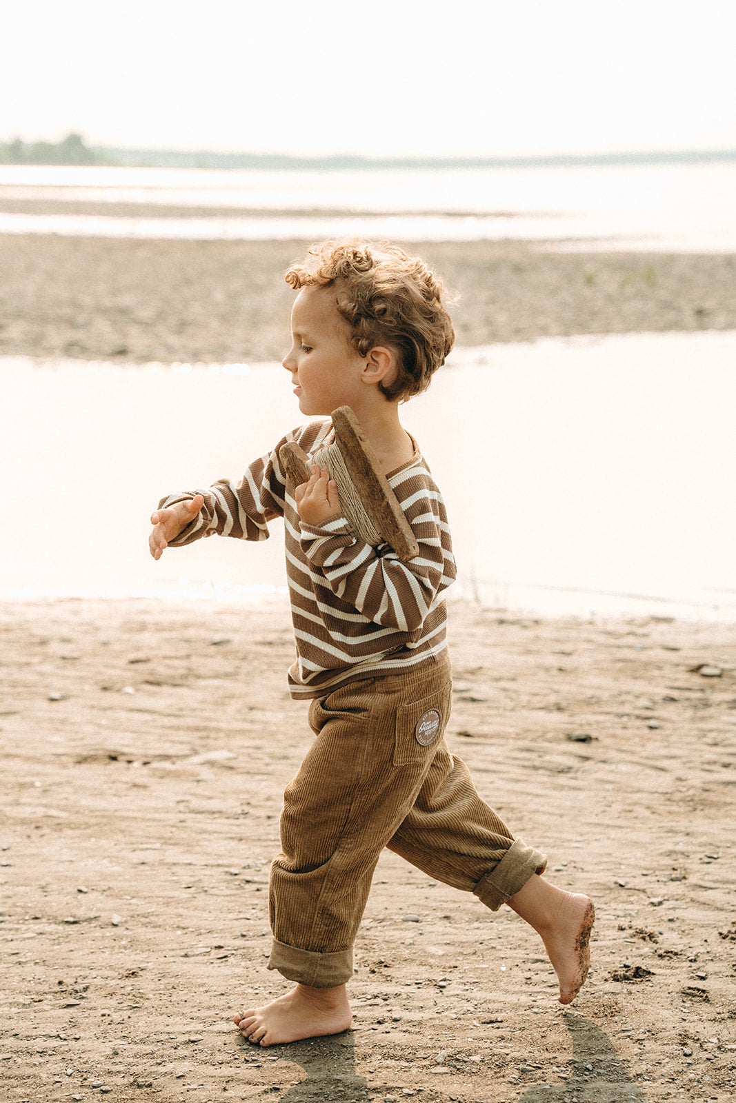 Nolan Striped Long Sleeve Unisex T-Shirt - Brown and Cream - Kids