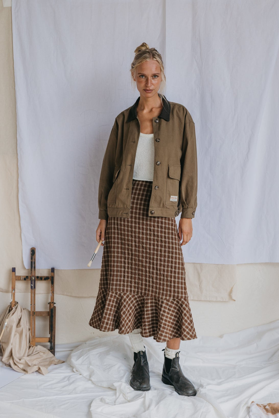 June - Brown Checkered Midi Skirt