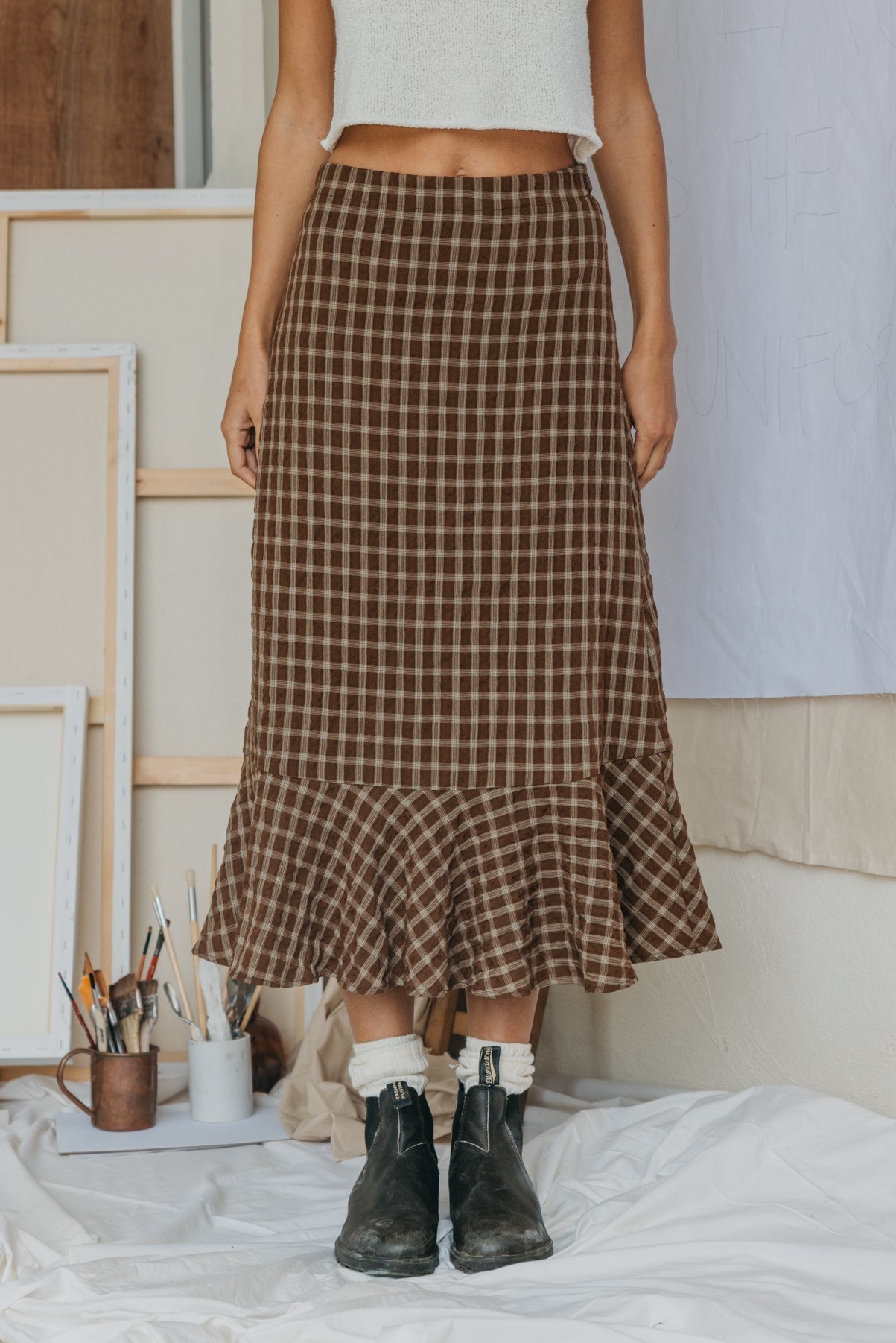 June - Brown Checkered Midi Skirt