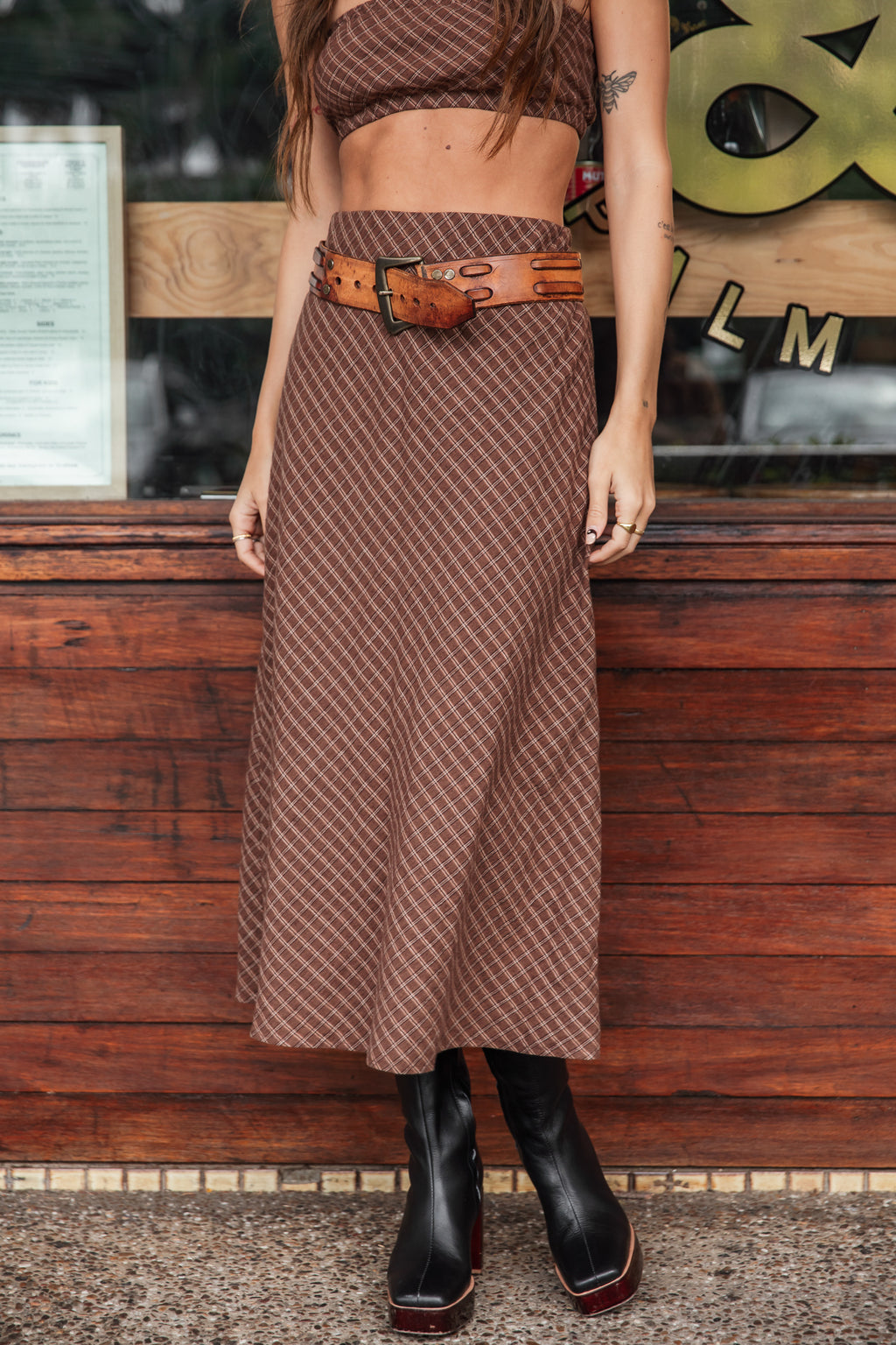 Plaid Mix Draped Midi Skirt