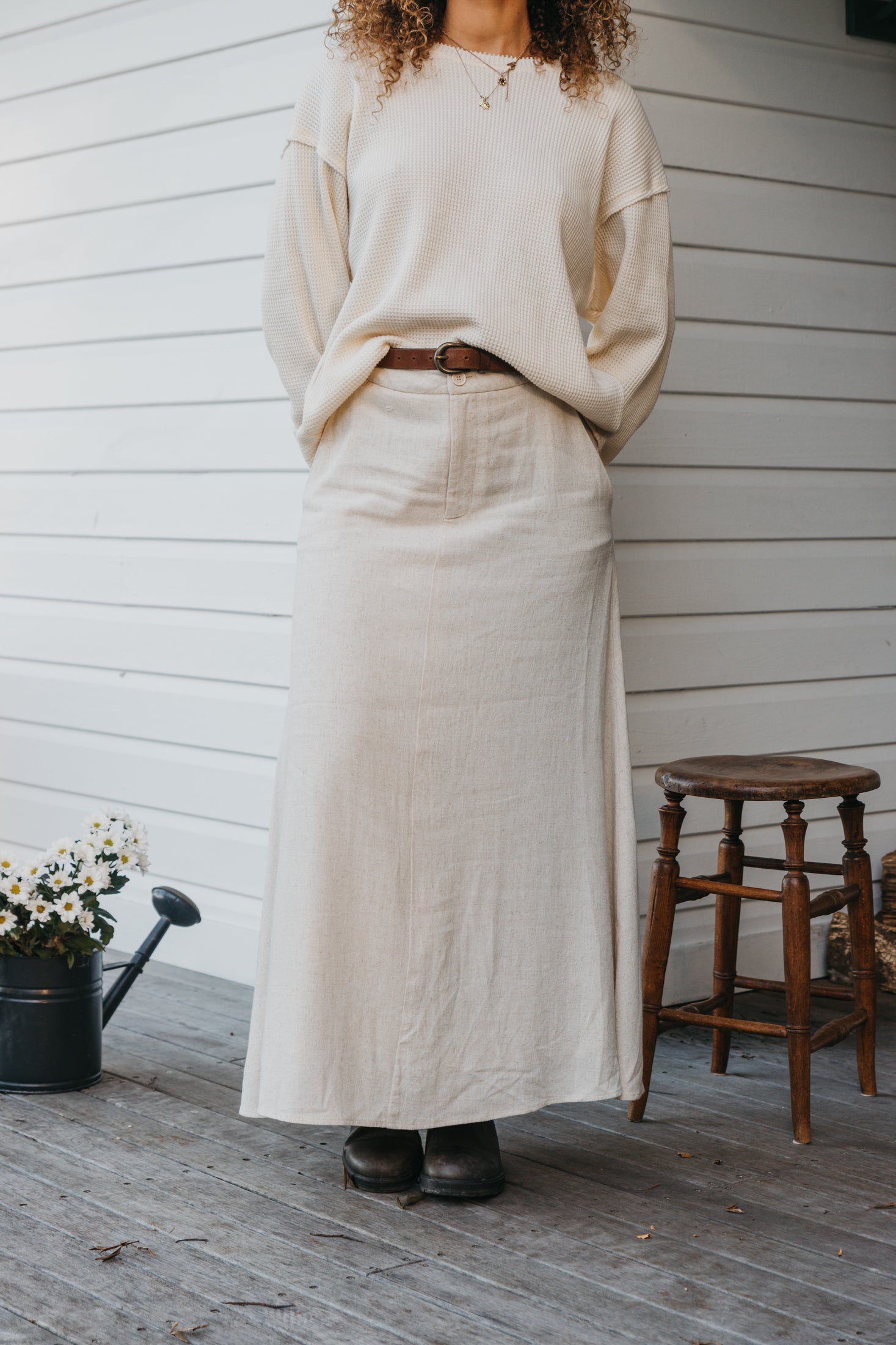 Waffle Crew Neck Long Sleeve Unisex T-Shirt - White