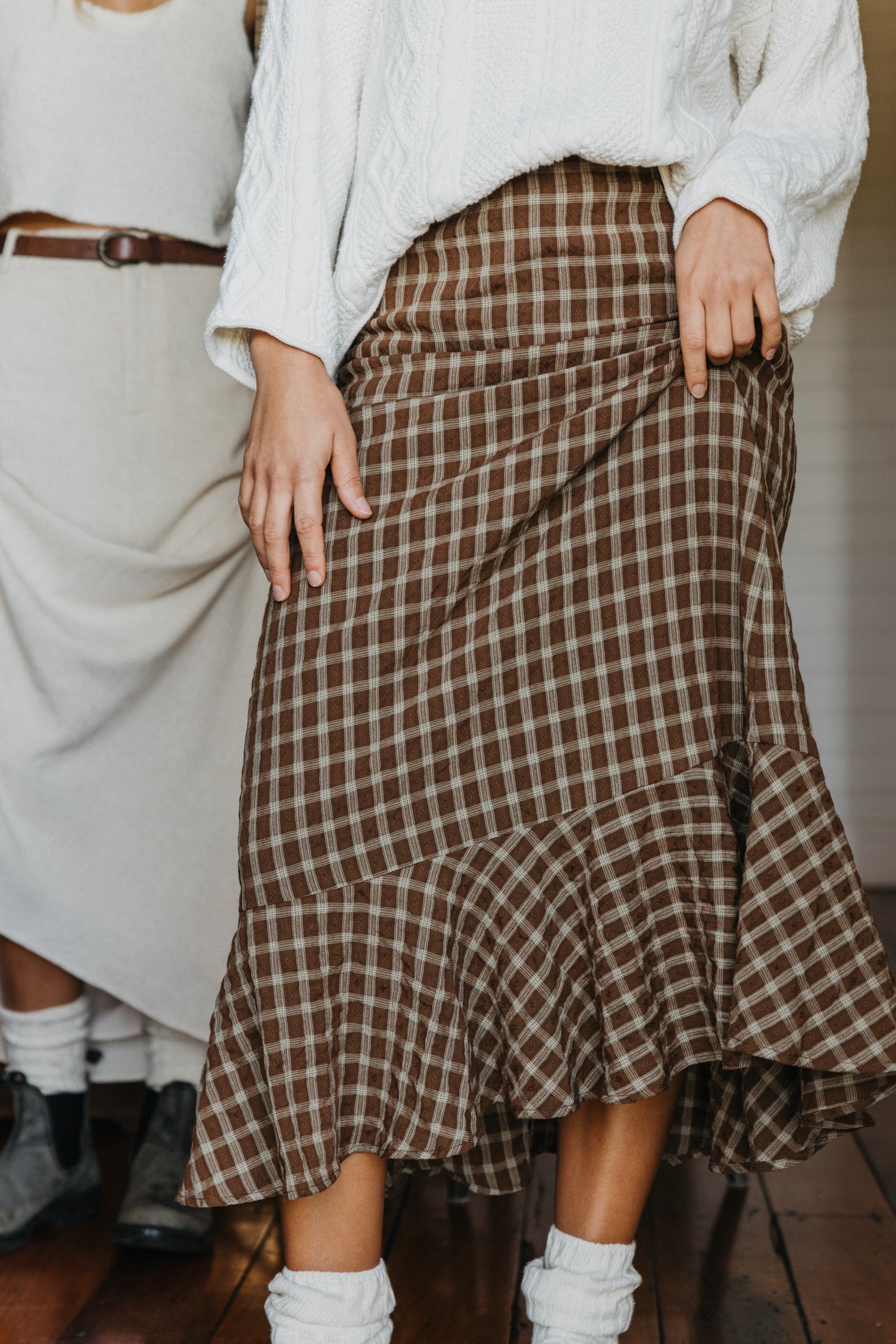 June - Brown Checkered Midi Skirt