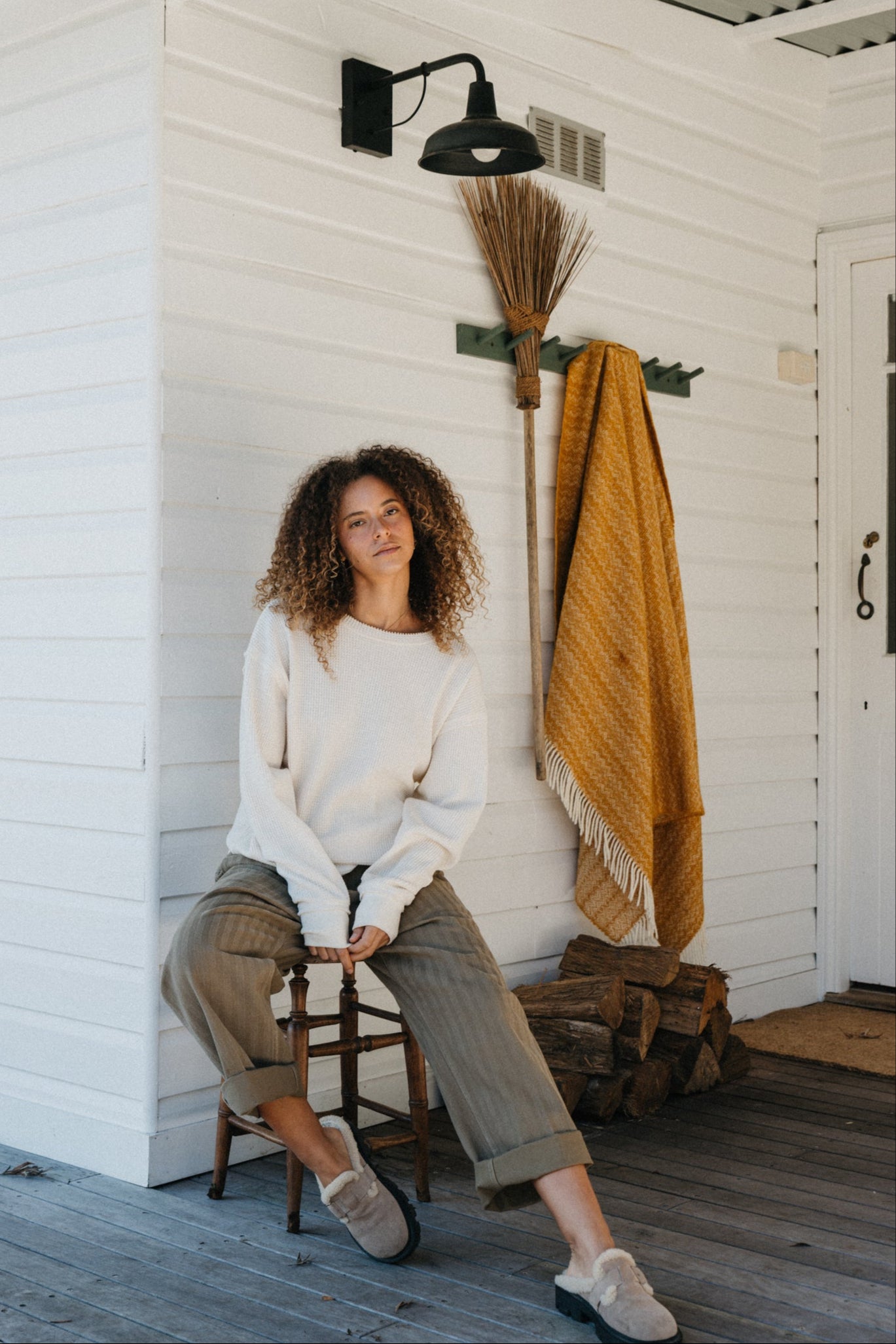 Waffle Crew Neck Long Sleeve Unisex T-Shirt - White