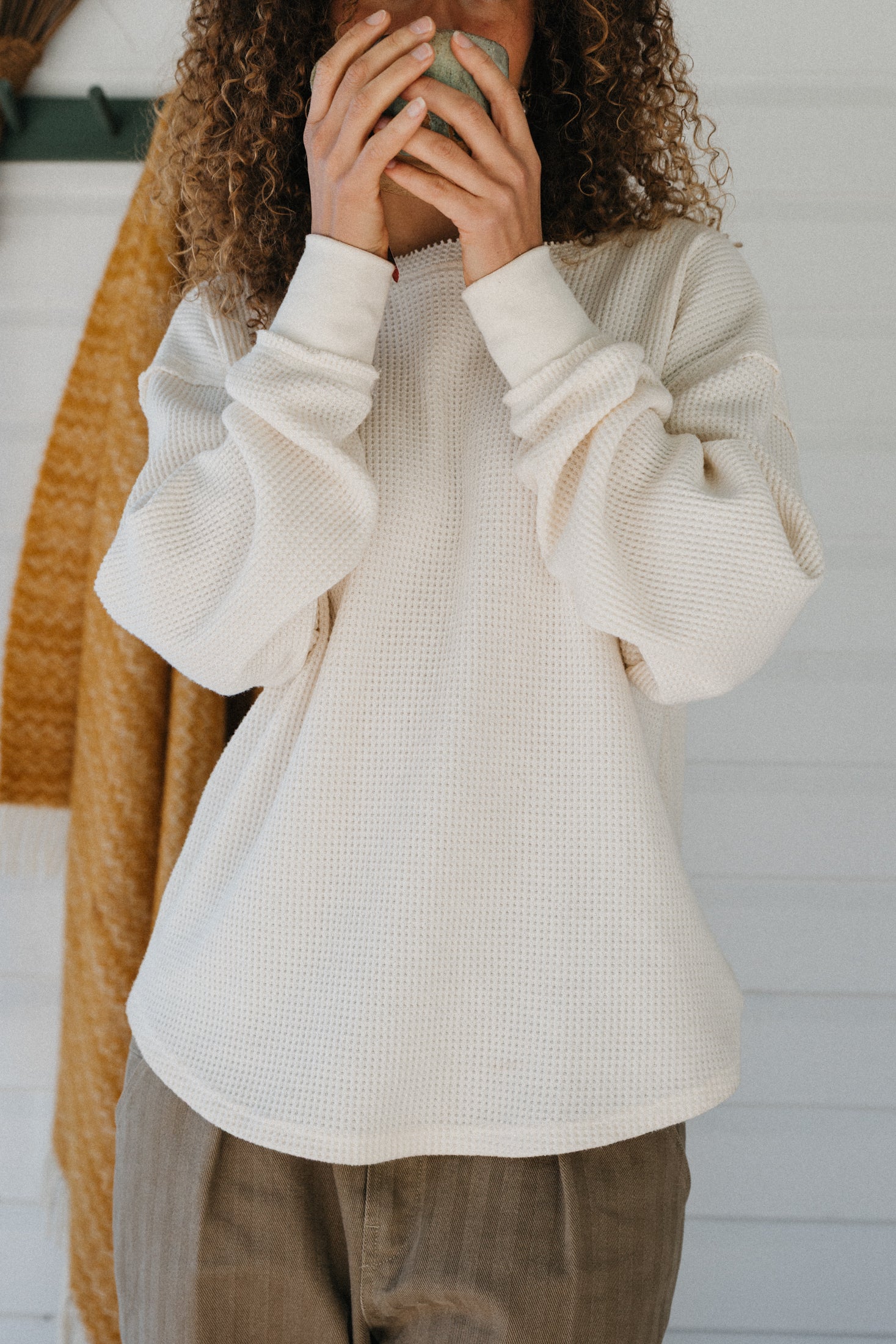 Waffle Crew Neck Long Sleeve Unisex T-Shirt - White