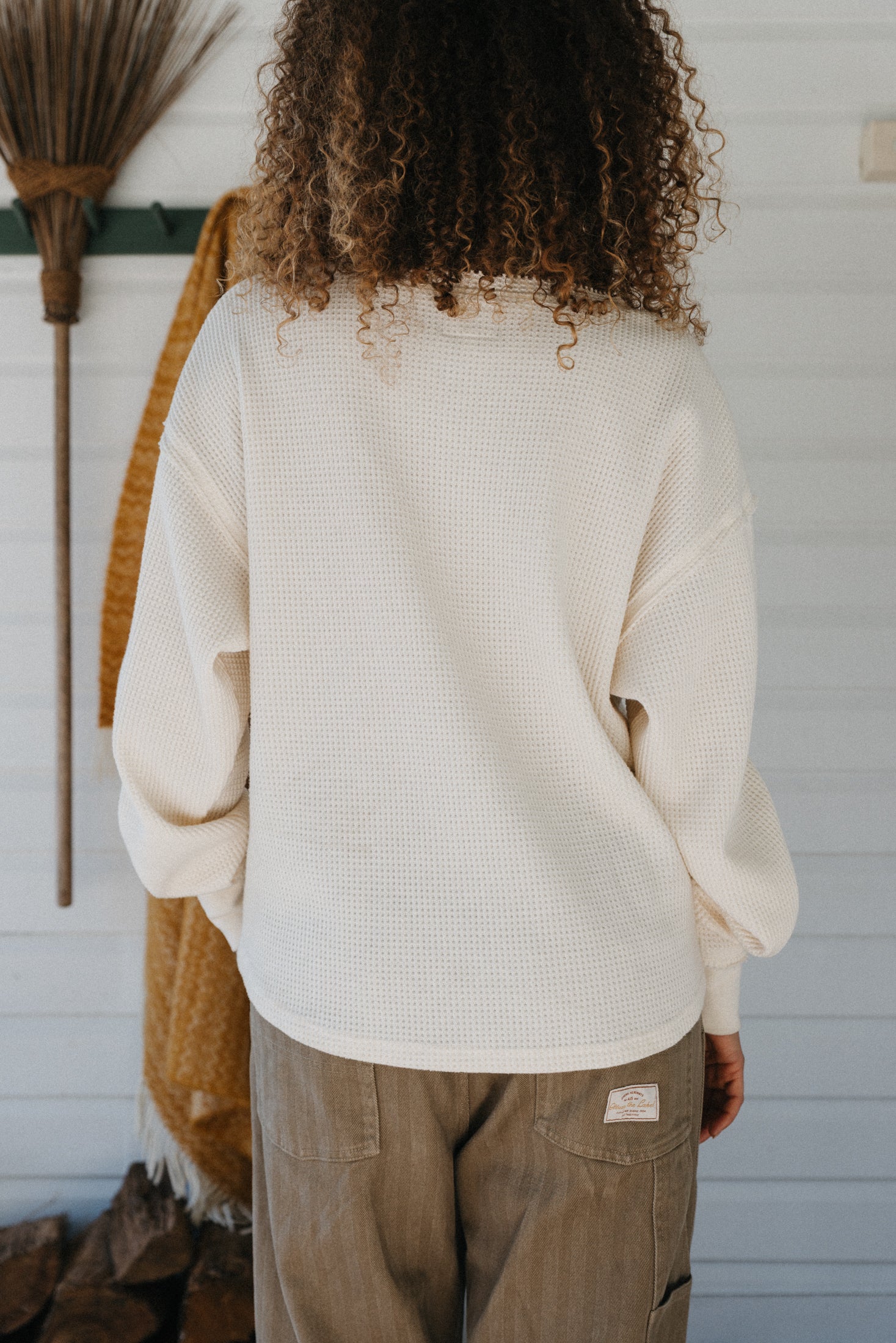 Waffle Crew Neck Long Sleeve Unisex T-Shirt - White