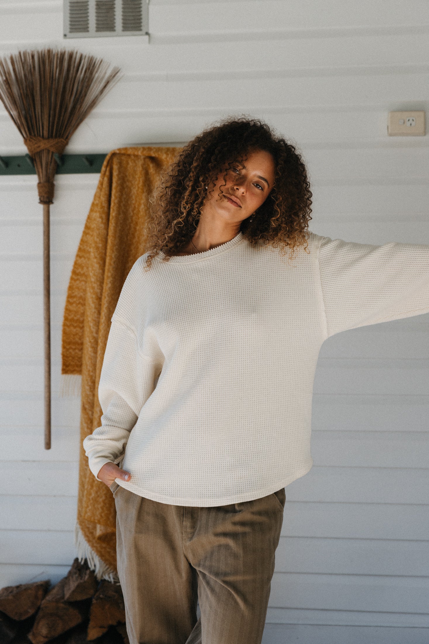 Waffle Crew Neck Long Sleeve Unisex T-Shirt - White