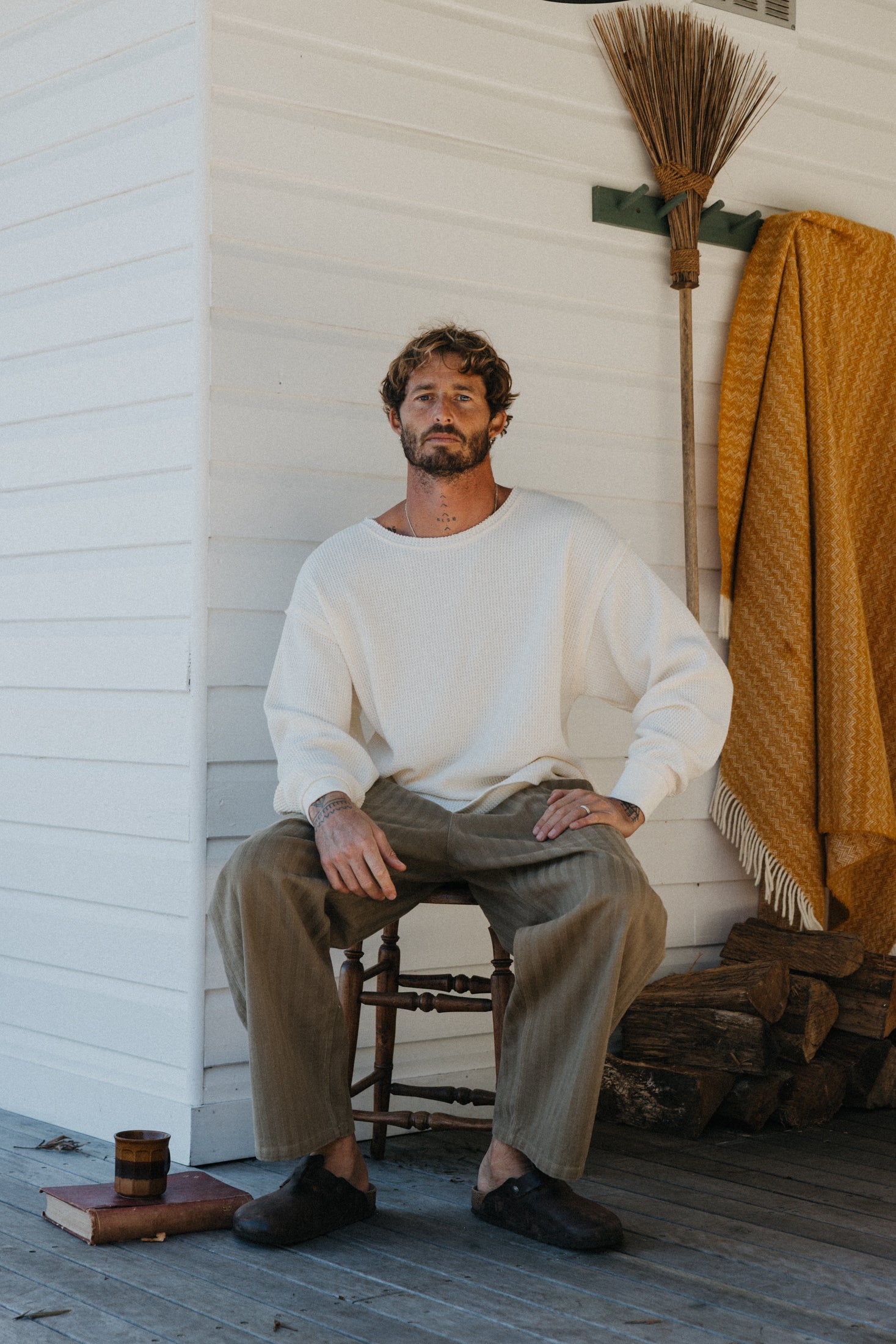 Waffle Crew Neck Long Sleeve T-Shirt - White
