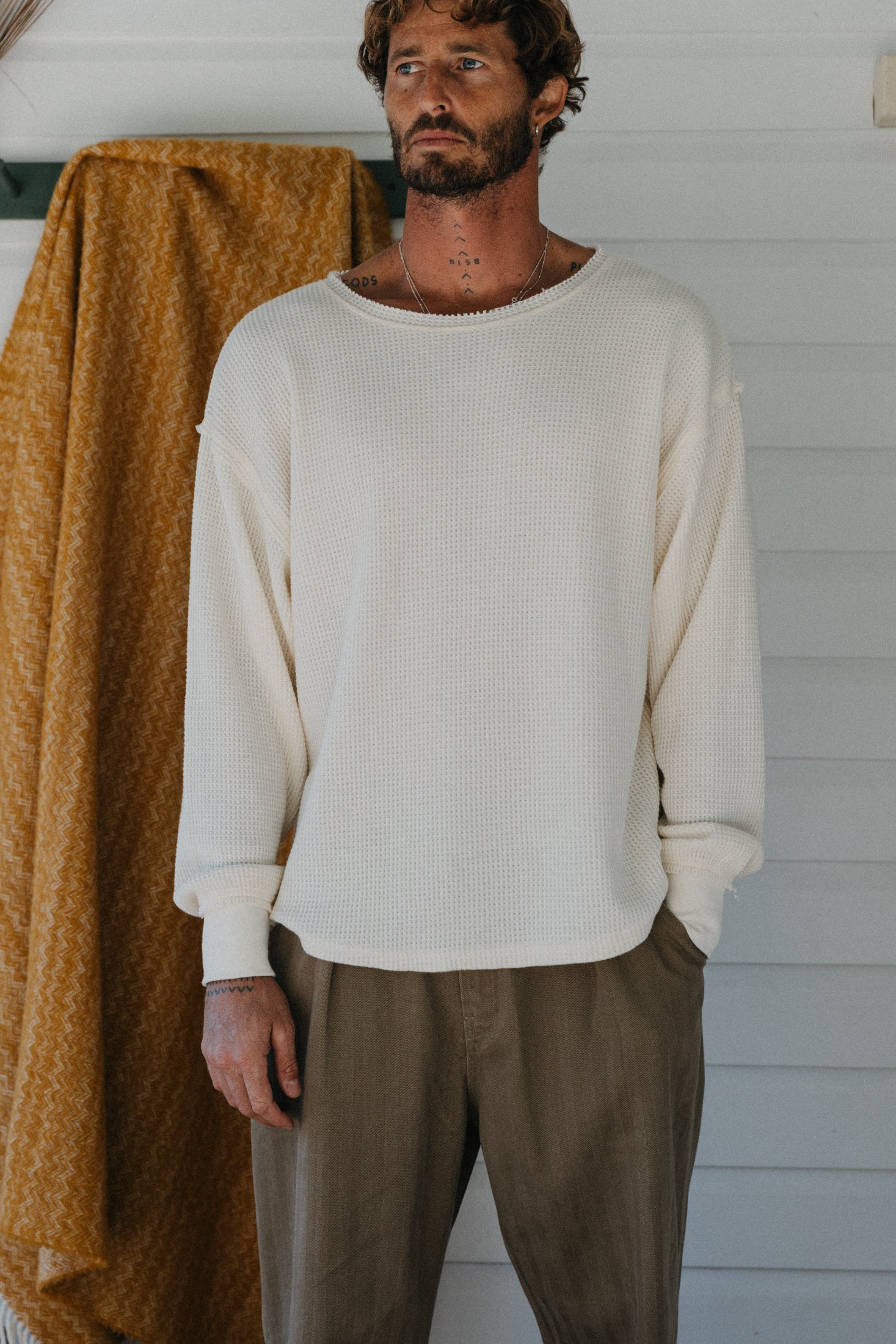 Waffle Crew Neck Long Sleeve T-Shirt - White