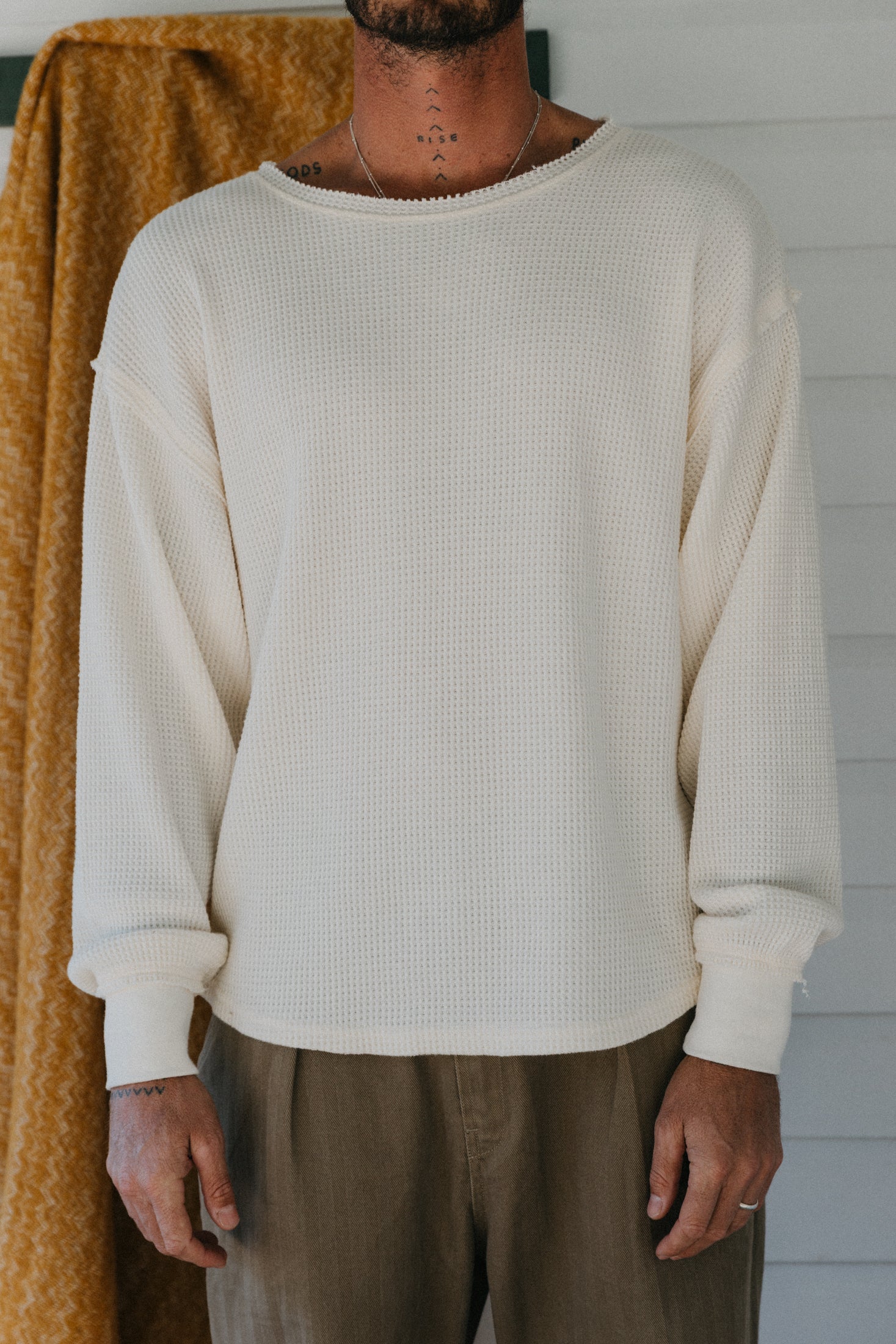 Waffle Crew Neck Long Sleeve T-Shirt - White