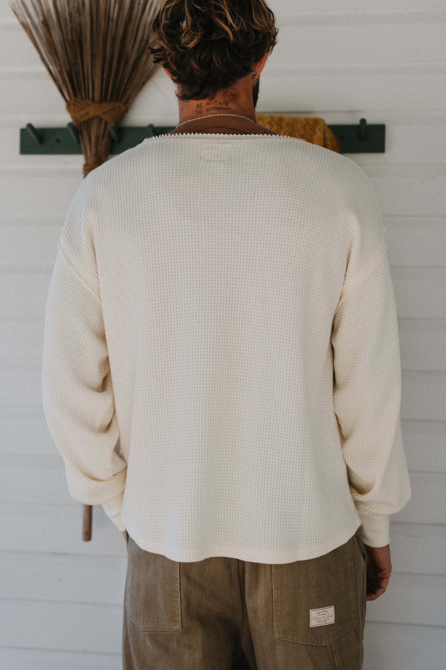 Waffle Crew Neck Long Sleeve T-Shirt - White