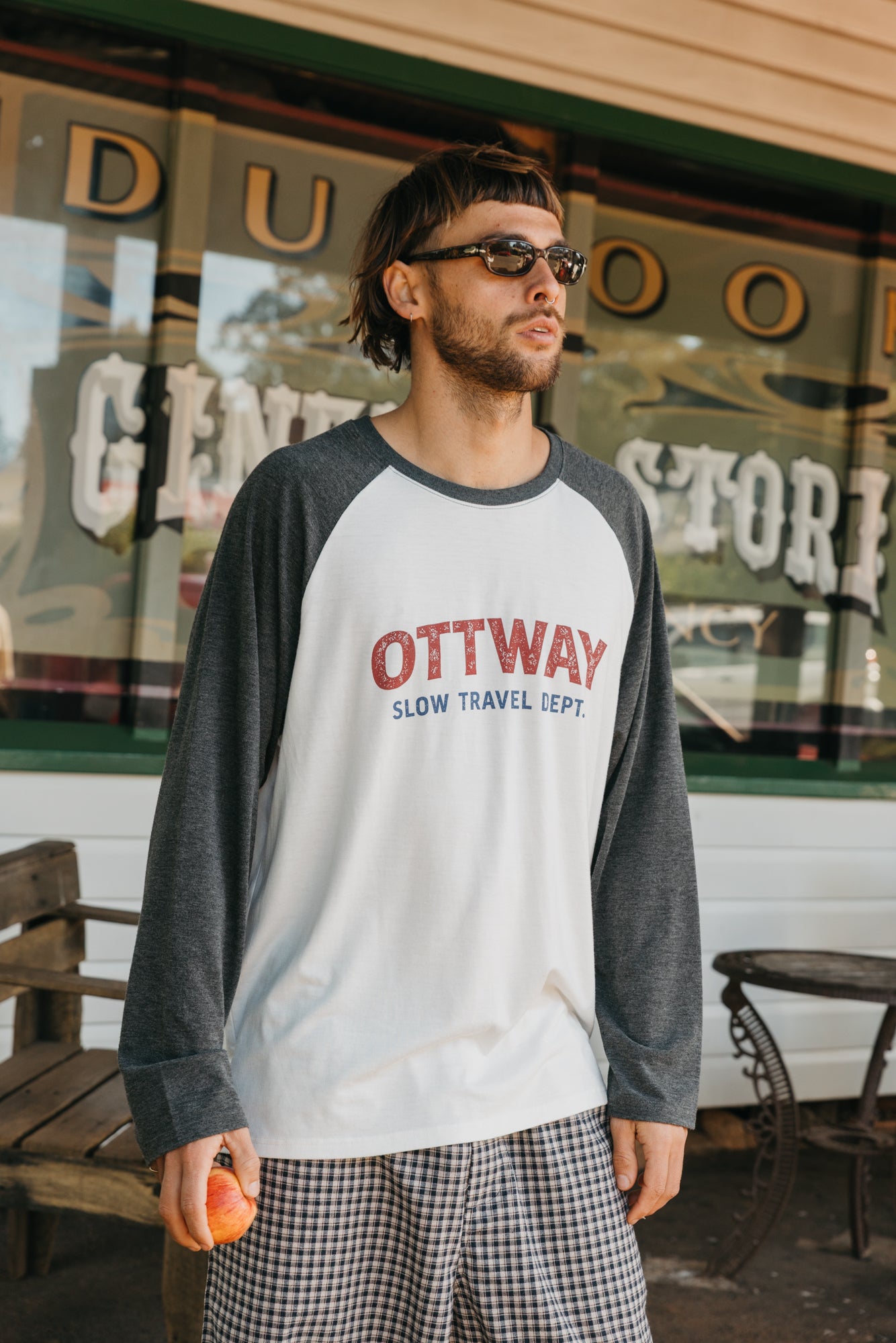 Slow Travel Dept Long Sleeve Raglan T-Shirt - White and Faded Blue