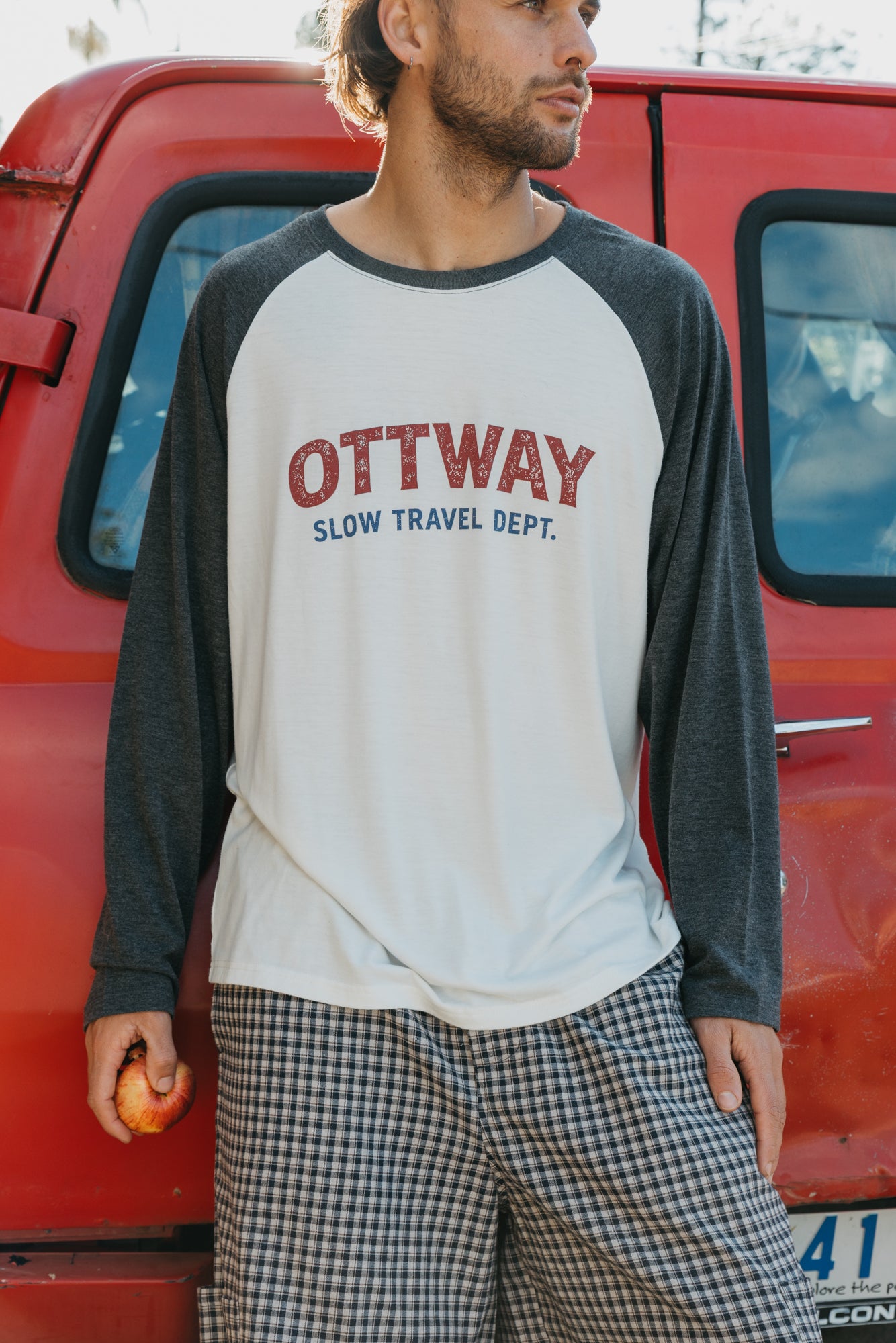 Slow Travel Dept Long Sleeve Raglan T-Shirt - White and Faded Blue