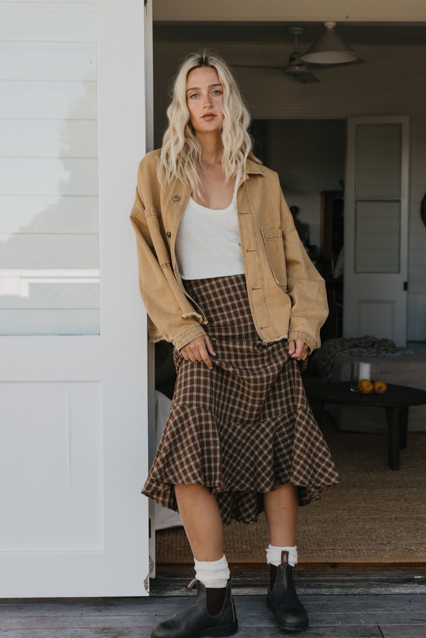June - Brown Checkered Midi Skirt