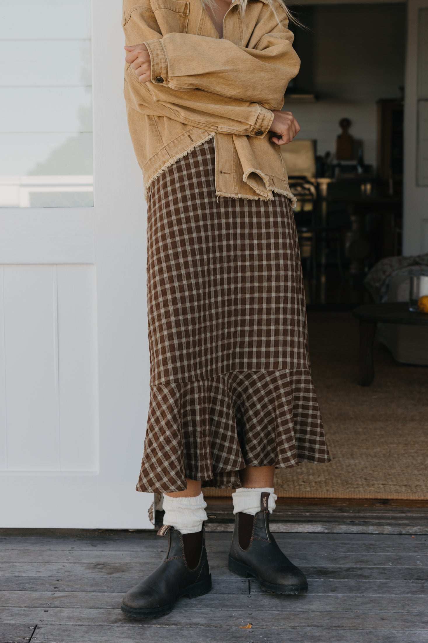 June - Brown Checkered Midi Skirt