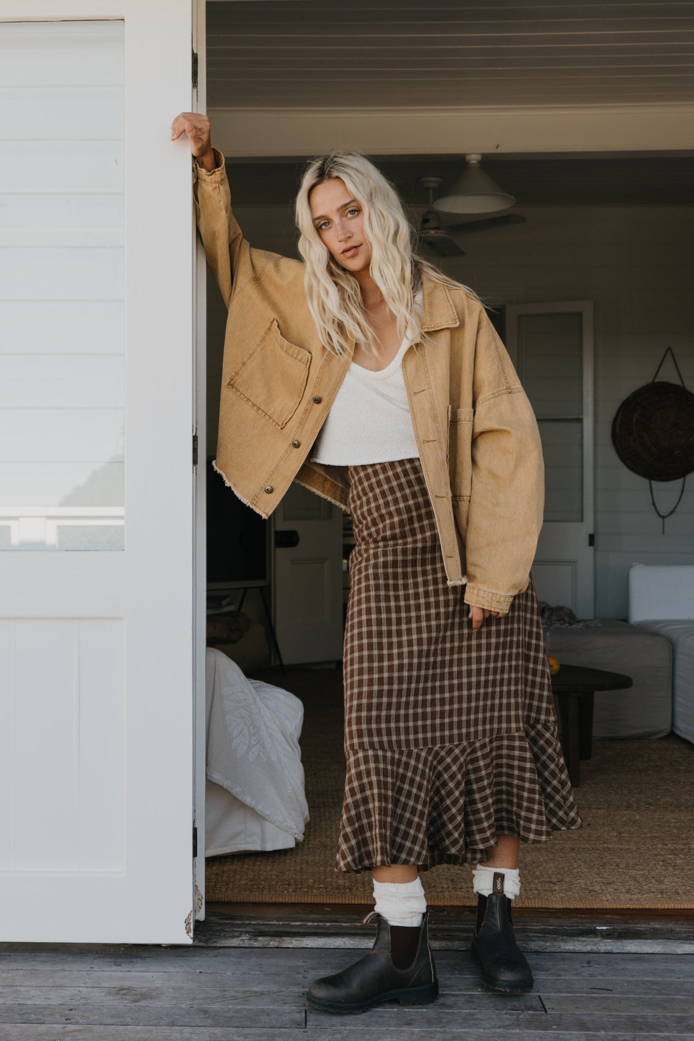 June - Brown Checkered Midi Skirt