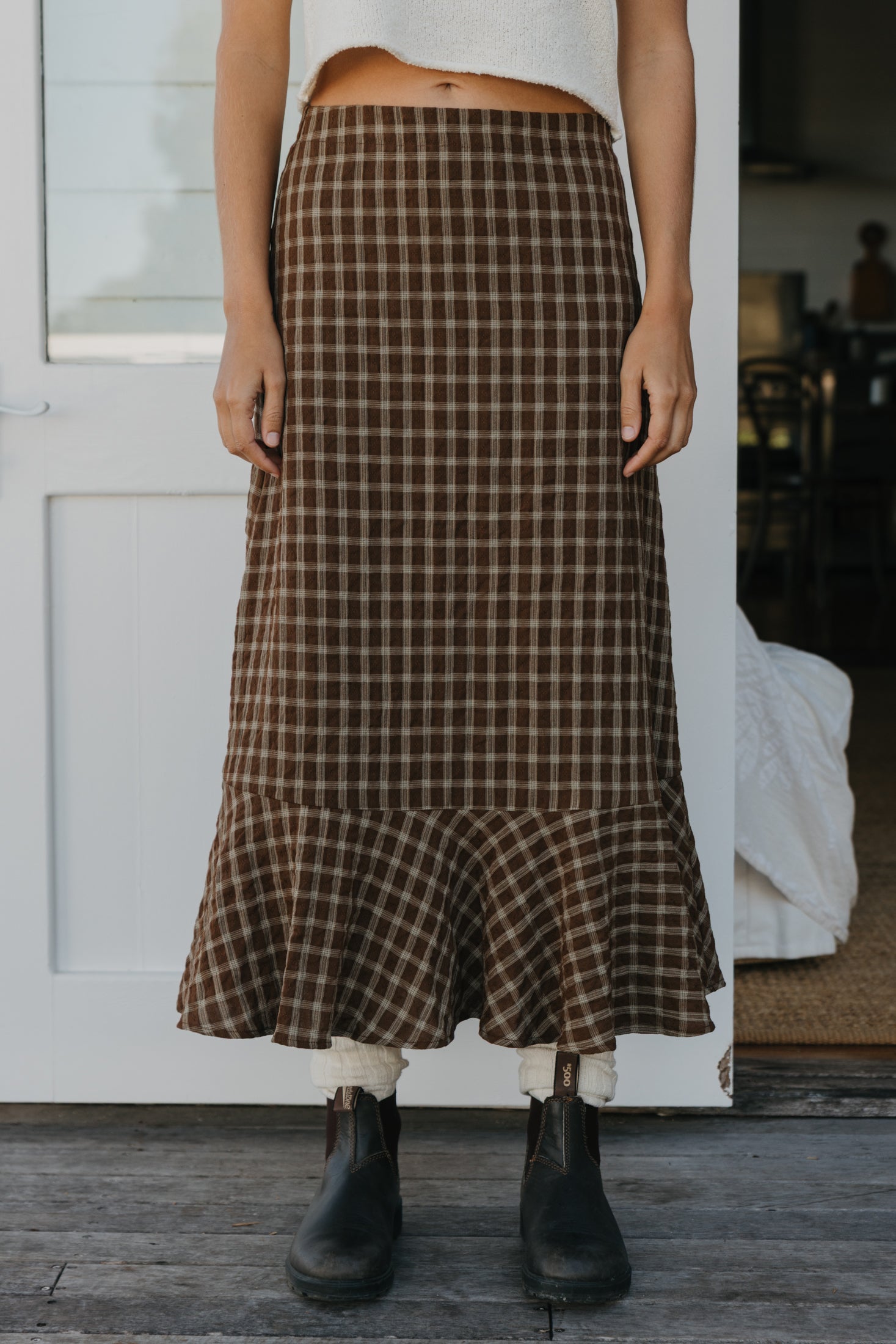 June - Brown Checkered Midi Skirt