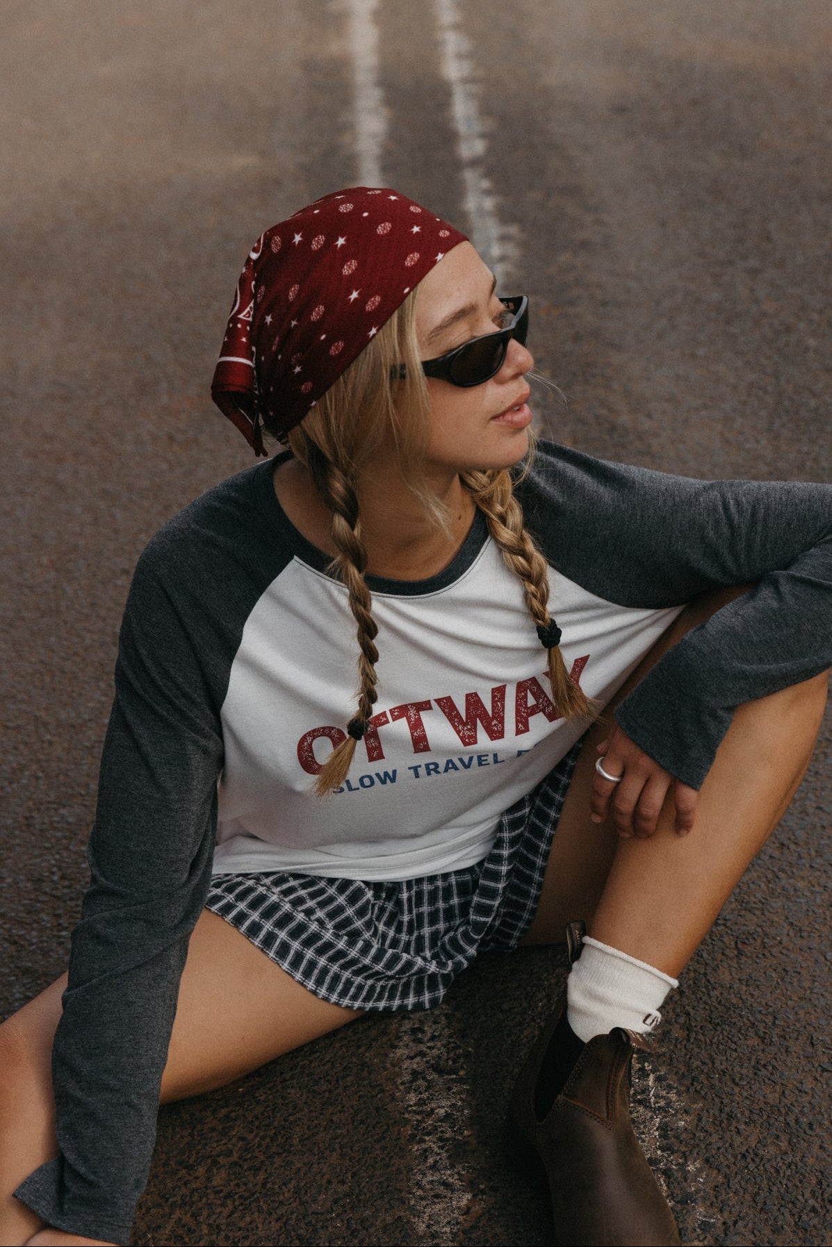 Slow Travel Dept Long Sleeve Raglan Unisex T-Shirt - White and Faded Blue