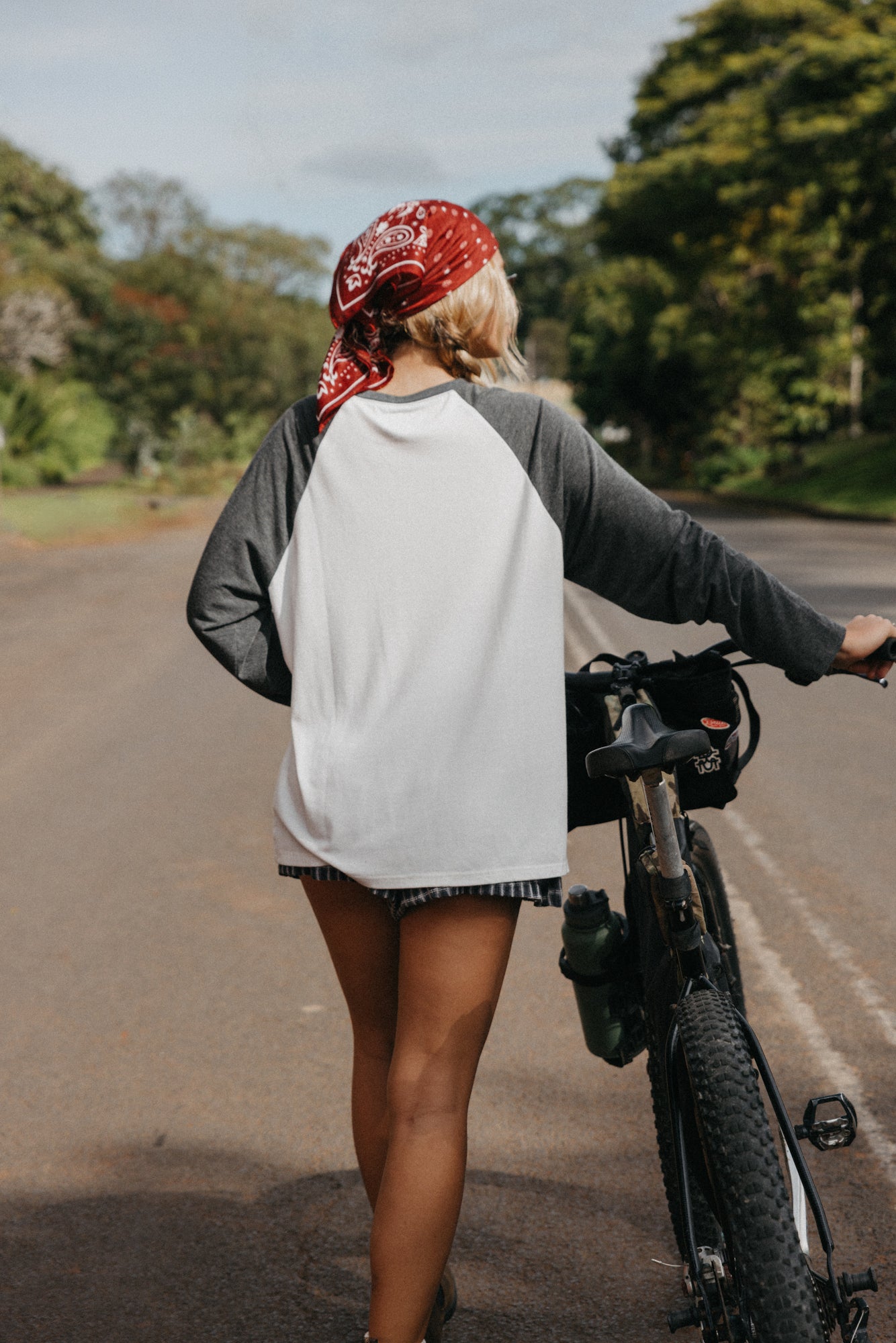 Slow Travel Dept Long Sleeve Raglan Unisex T-Shirt - White and Faded Blue