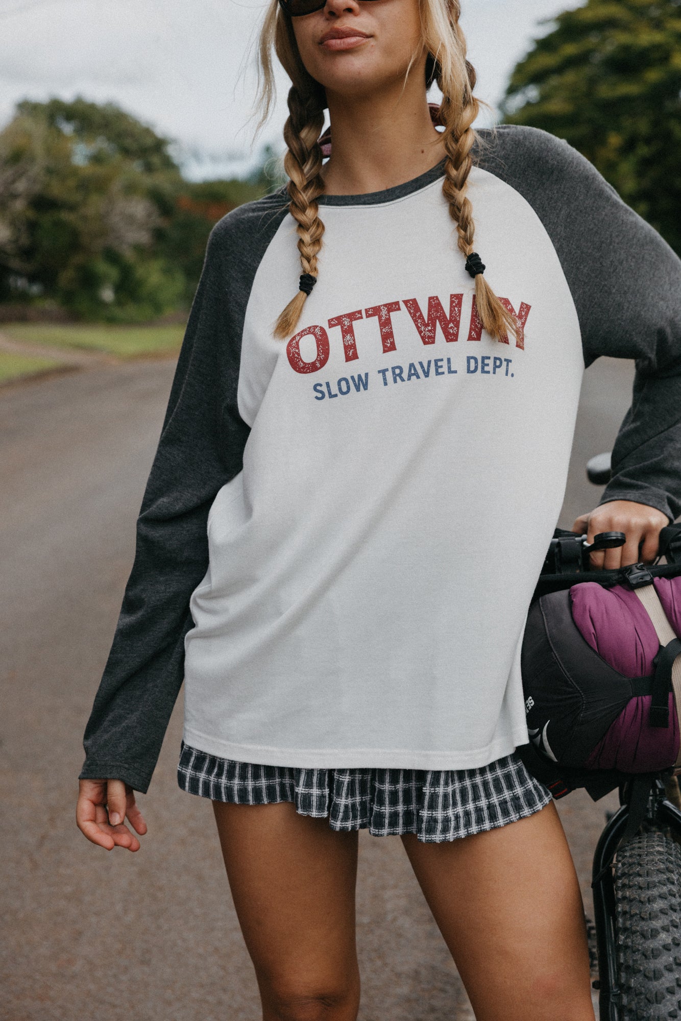 Slow Travel Dept Long Sleeve Raglan Unisex T-Shirt - White and Faded Blue