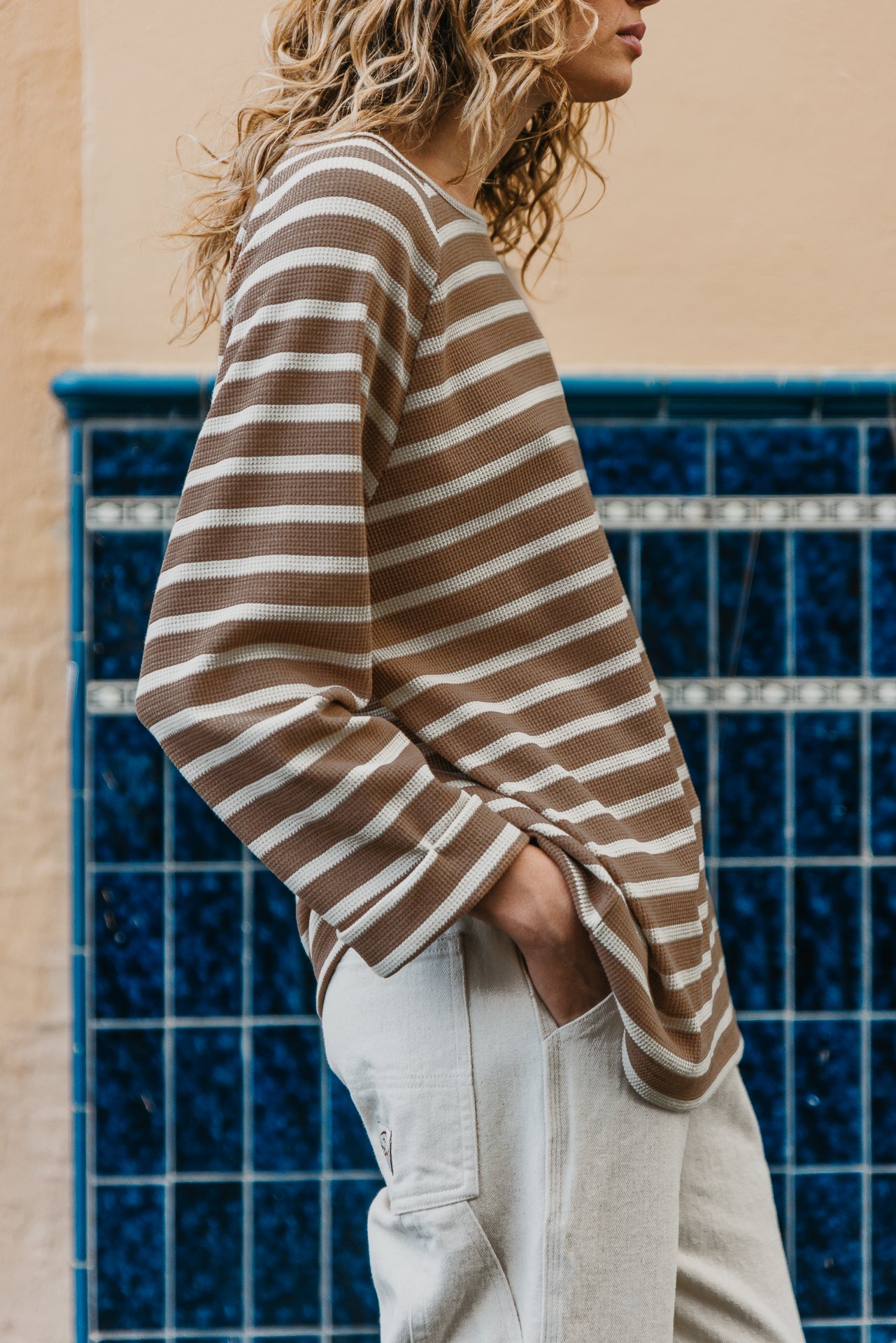 Nolan Striped Long Sleeve Unisex T-Shirt - Brown and Cream