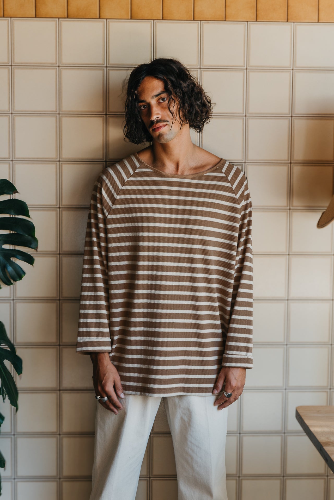 Nolan Striped Long Sleeve T-shirt - Brown and Cream