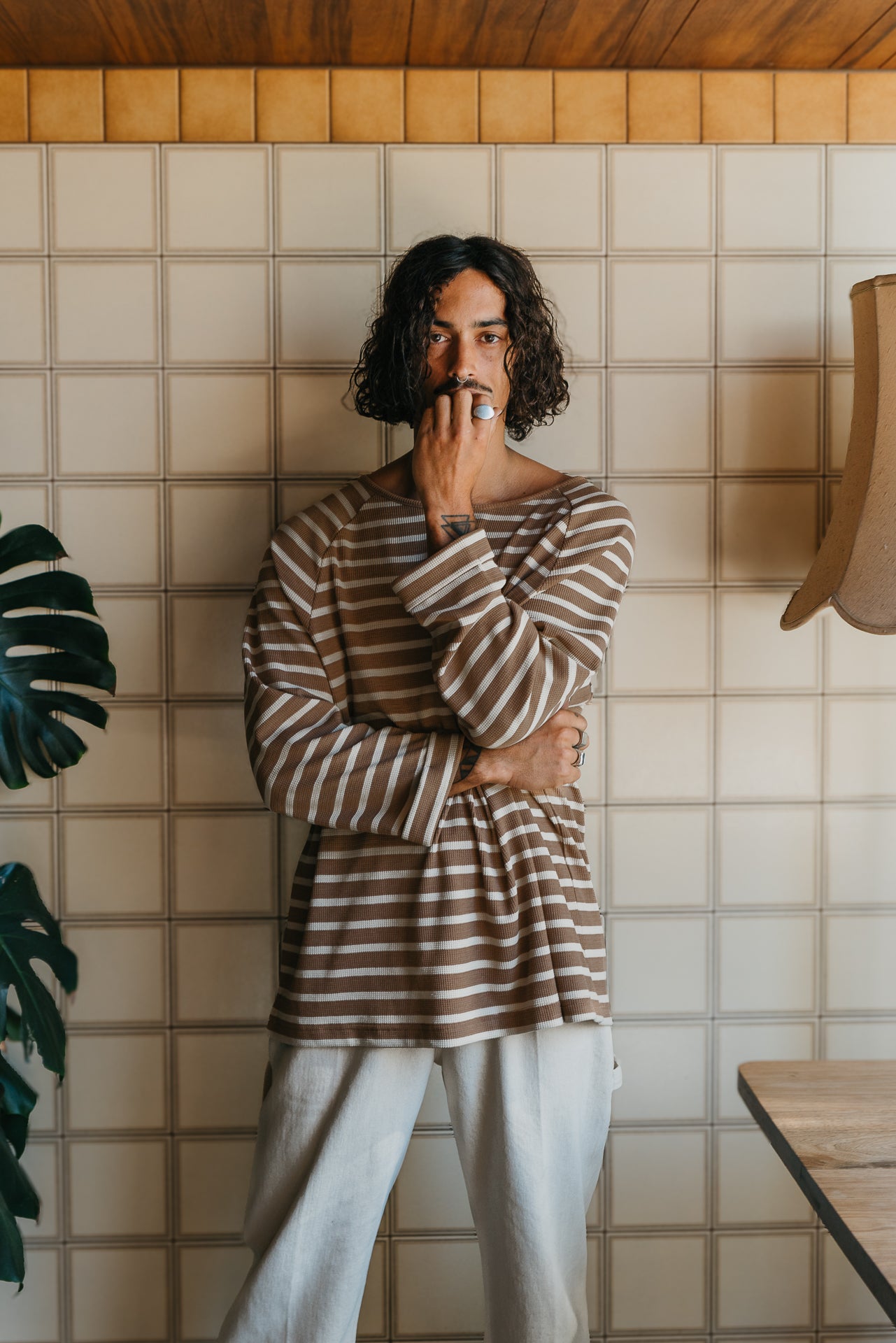 Nolan Striped Long Sleeve T-shirt - Brown and Cream