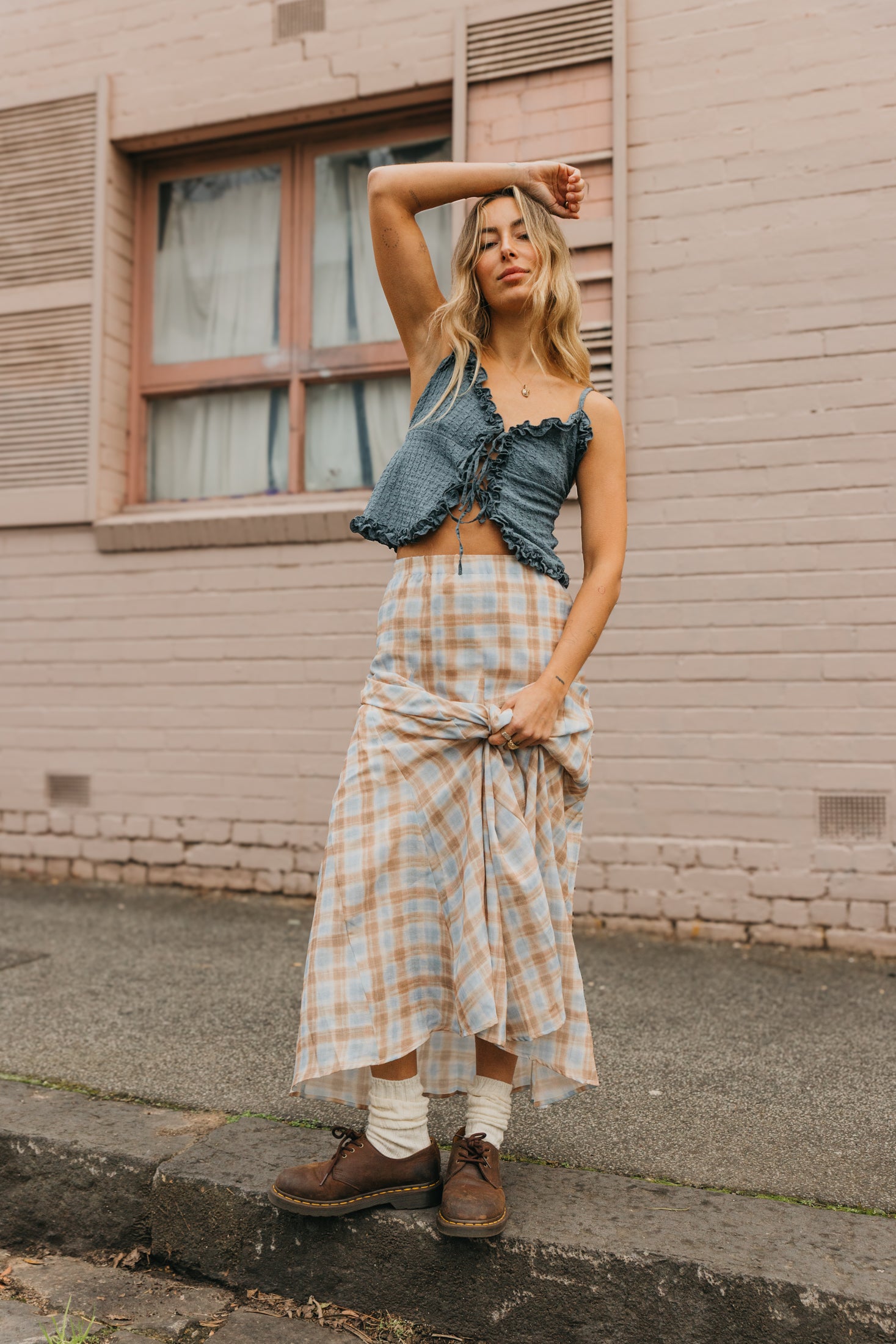 Juniper - Plaid Blue & Brown Maxi Skirt