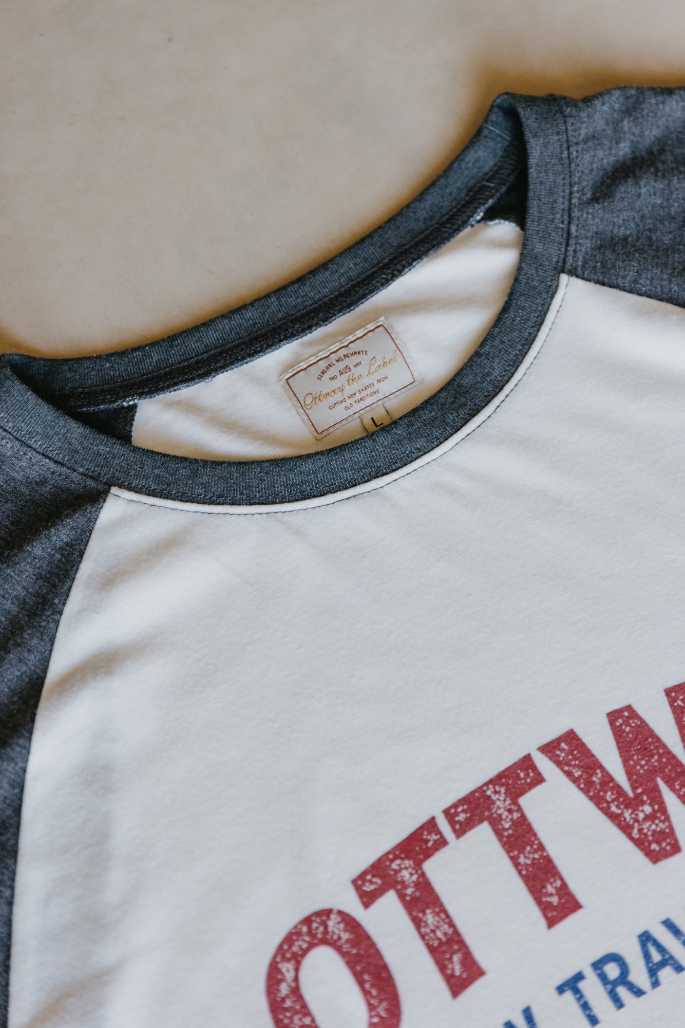 Slow Travel Dept Long Sleeve Raglan Unisex T-Shirt - White and Faded Blue