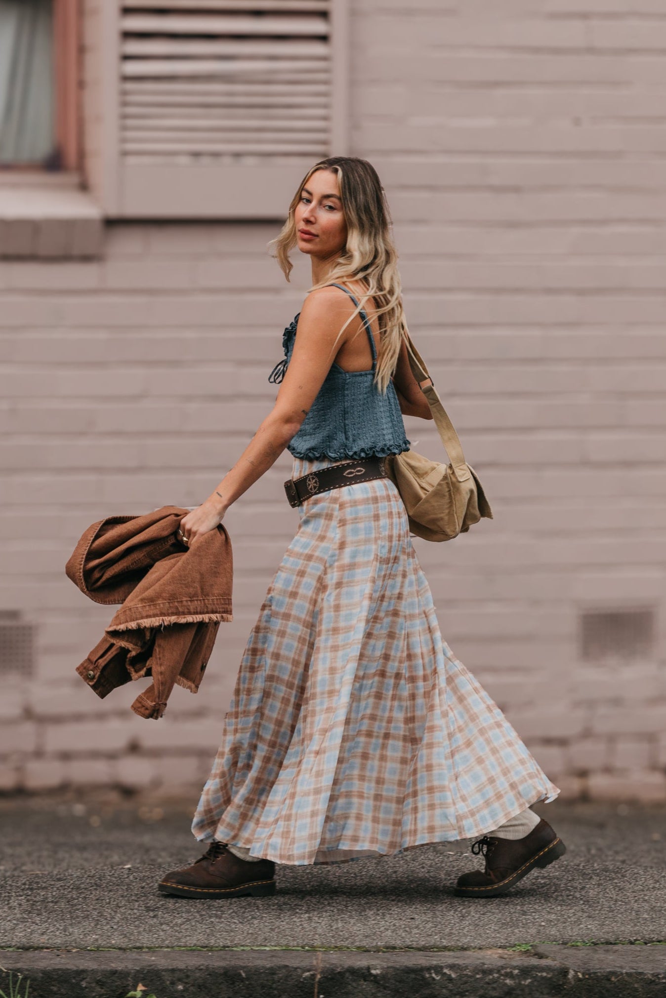 Juniper - Plaid Blue & Brown Maxi Skirt