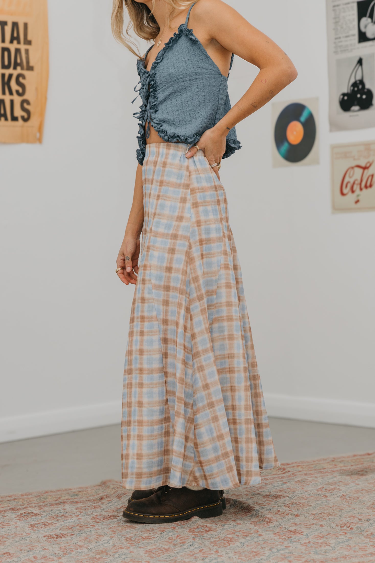 Juniper - Plaid Blue & Brown Maxi Skirt