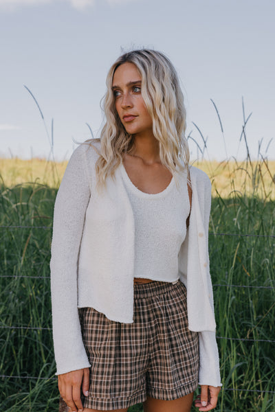 Mia - White Textured Rib Knit Cardigan