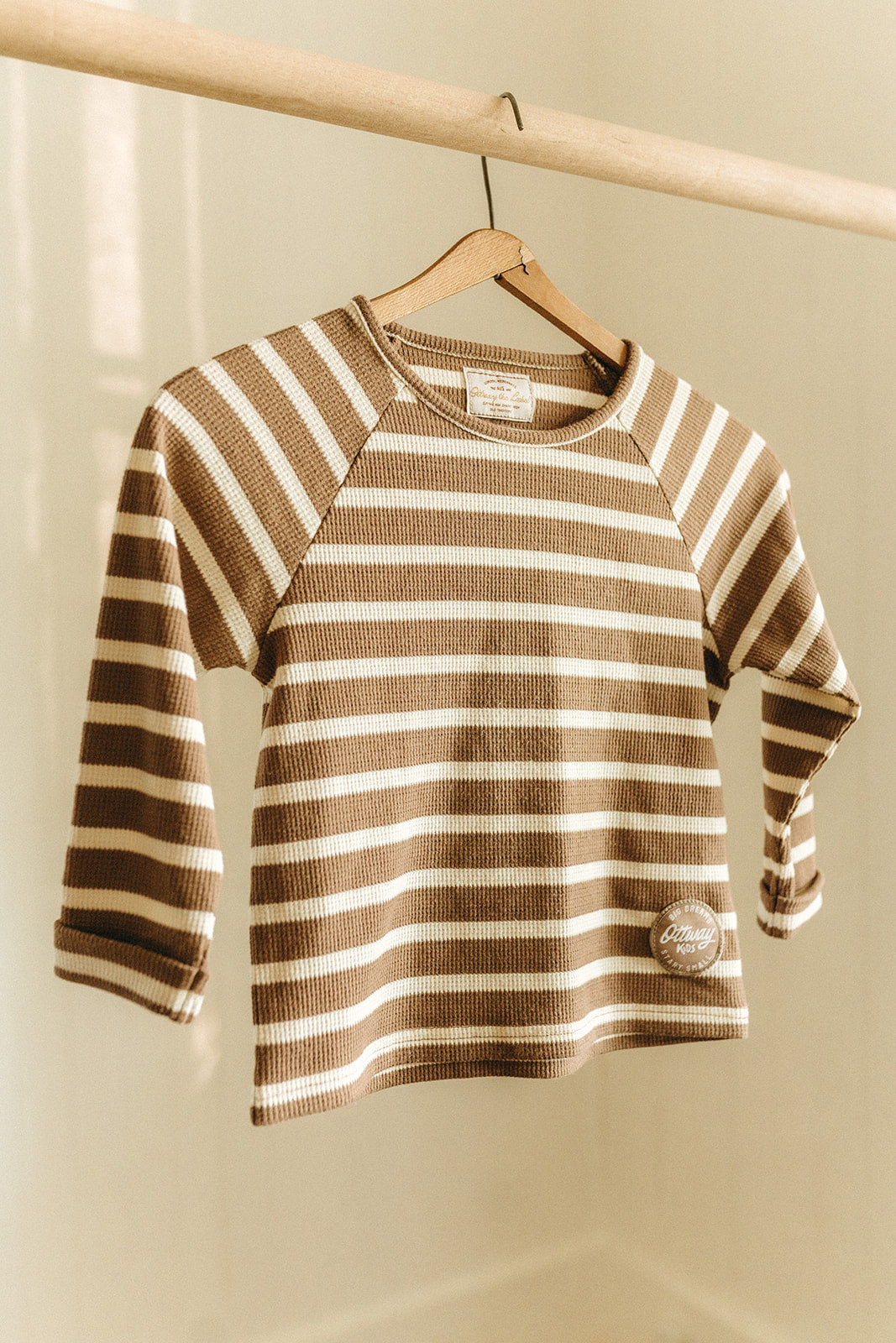 Nolan Striped Long Sleeve Unisex Kids T-Shirt - Brown and Cream