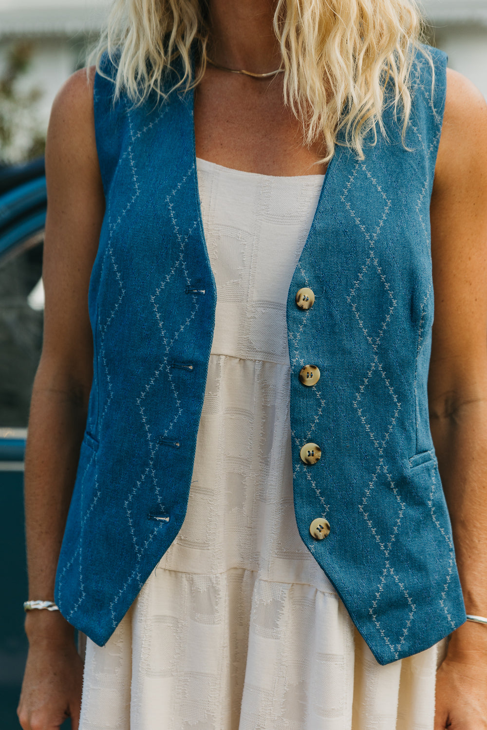 Indigo Lace Button-Down Vest