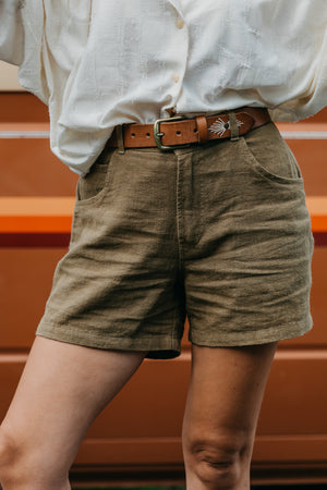 Miller Shorts - Unisex Textured Linen Shorts - Khaki Green