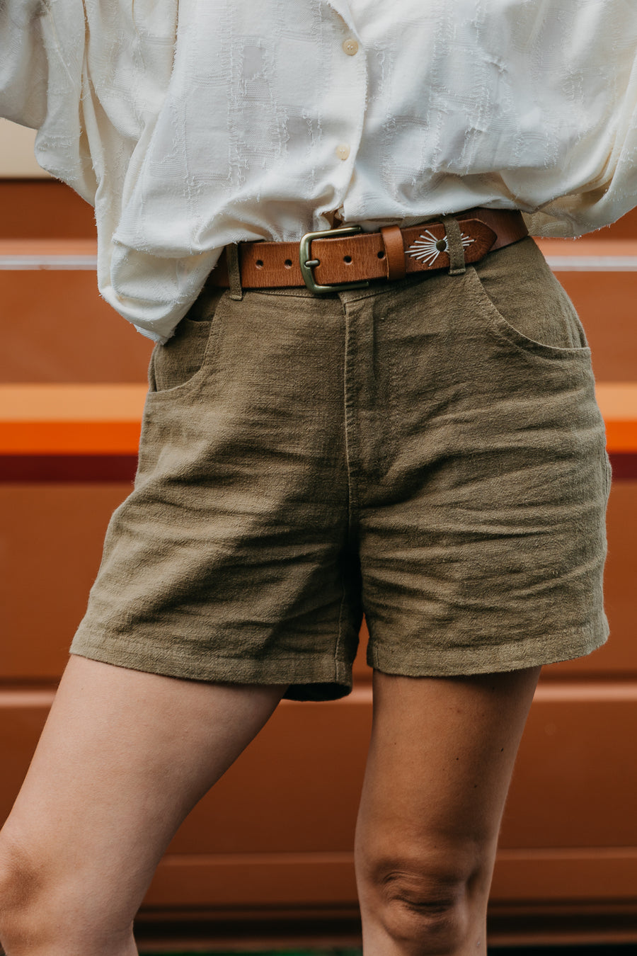 Miller Shorts - Unisex Textured Linen Shorts - Khaki Green