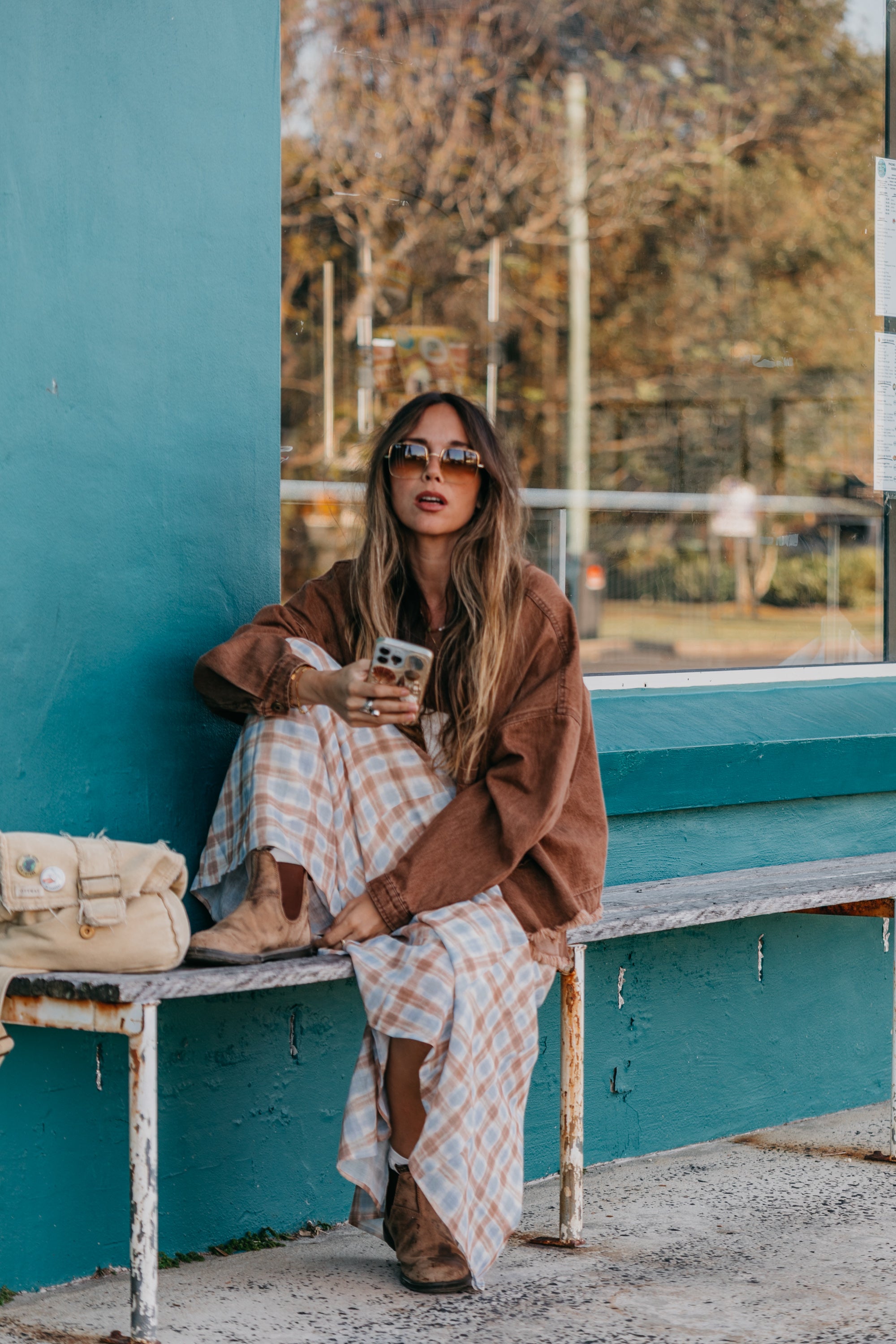 Juniper - Plaid Blue & Brown Maxi Skirt