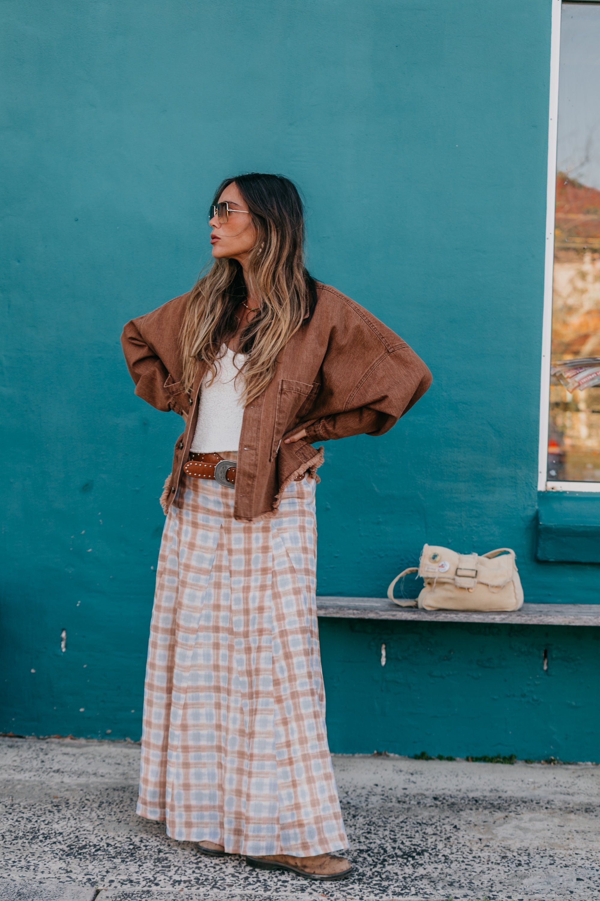 Juniper - Plaid Blue & Brown Maxi Skirt