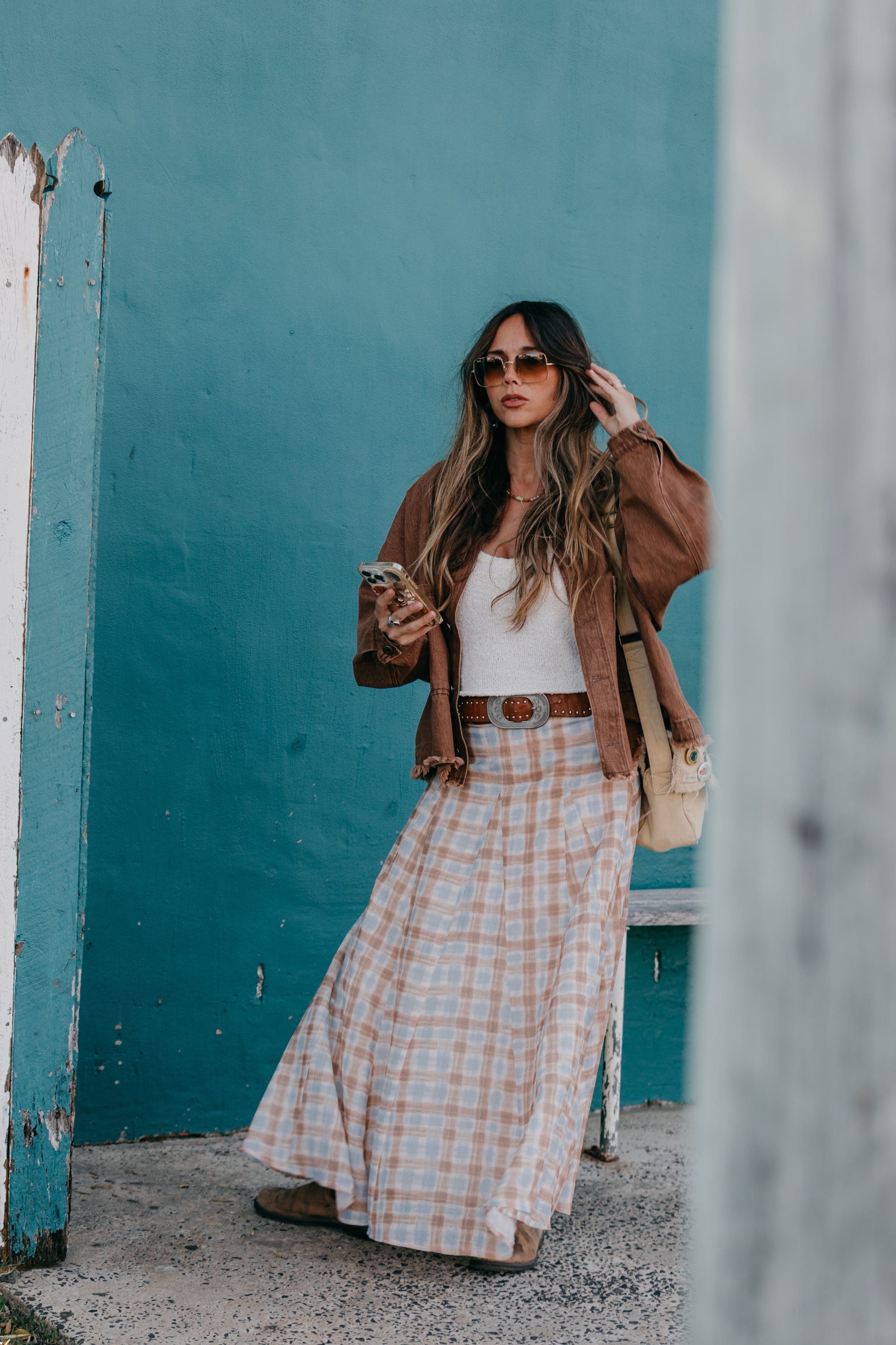 Juniper - Plaid Blue & Brown Maxi Skirt