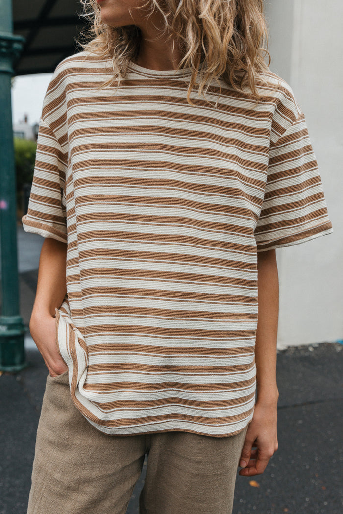Cream-Brown Striped Sequins T-Shirt