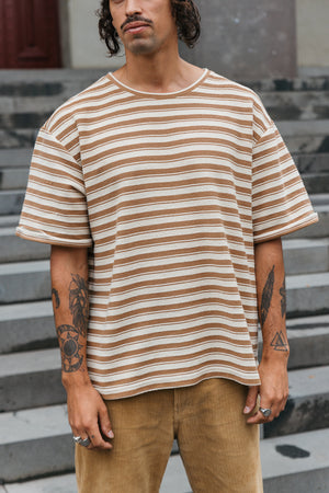 Striped Textured T-shirt - Brown and Cream