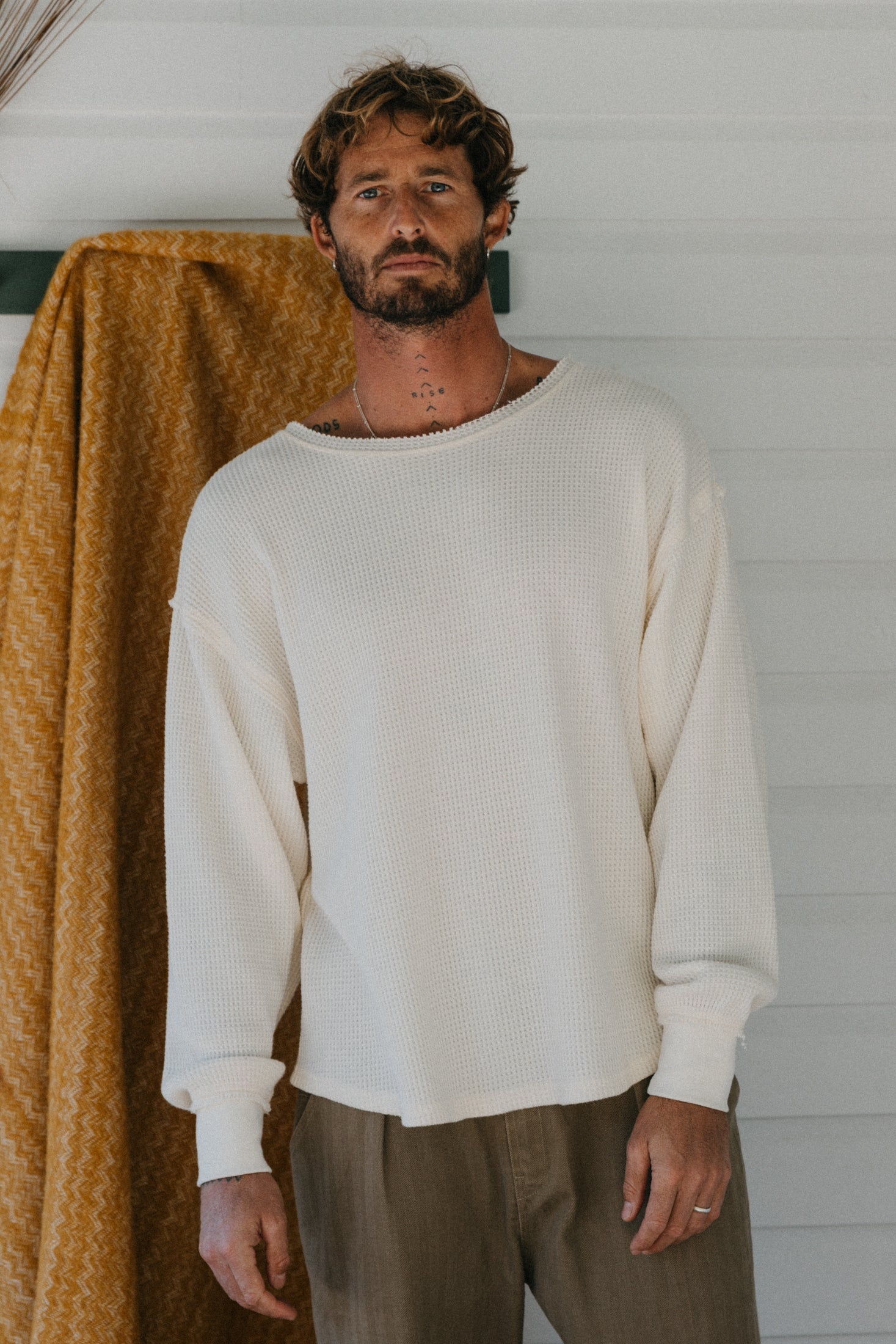 Waffle Crew Neck Long Sleeve T-Shirt - White