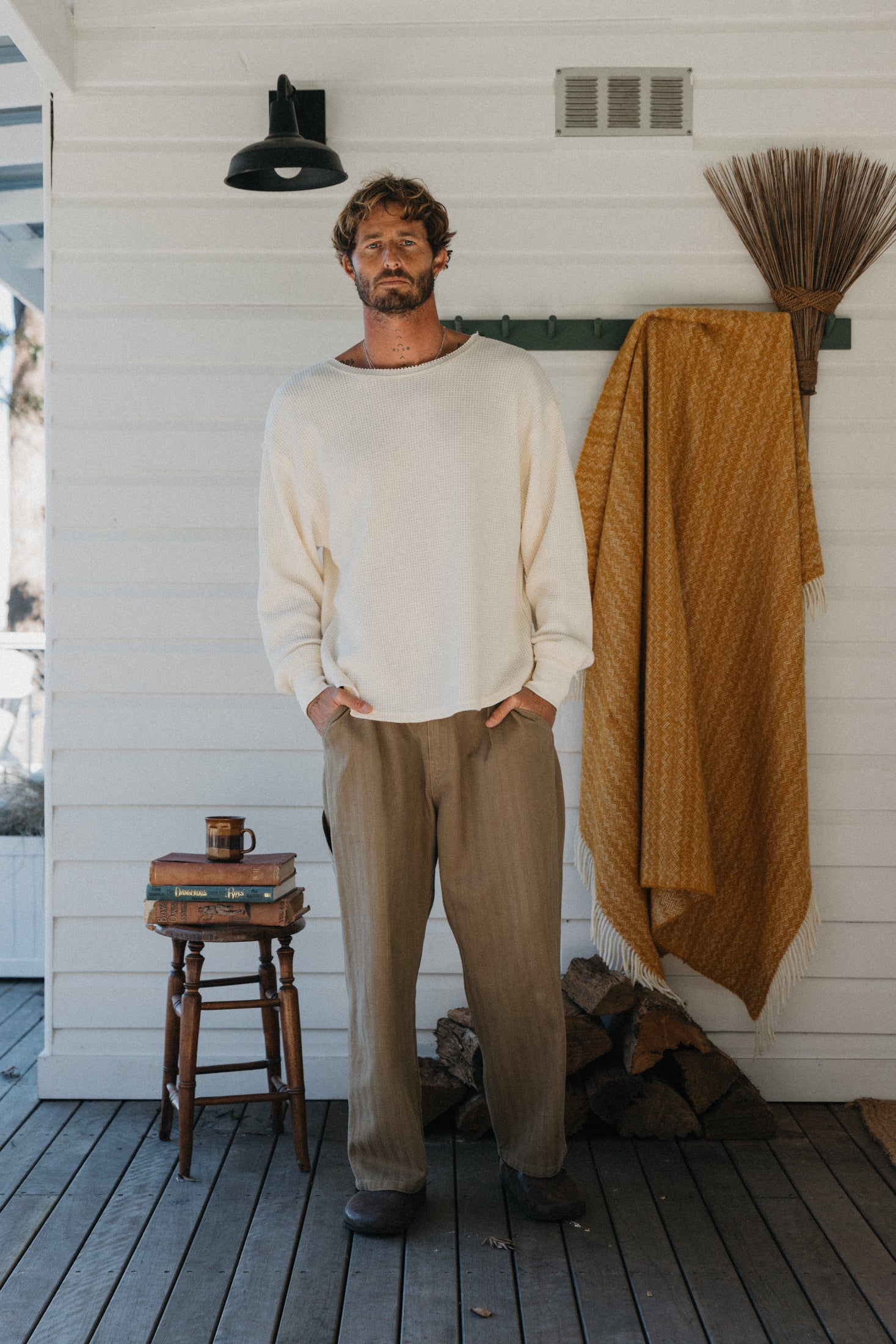 Waffle Crew Neck Long Sleeve T-Shirt - White