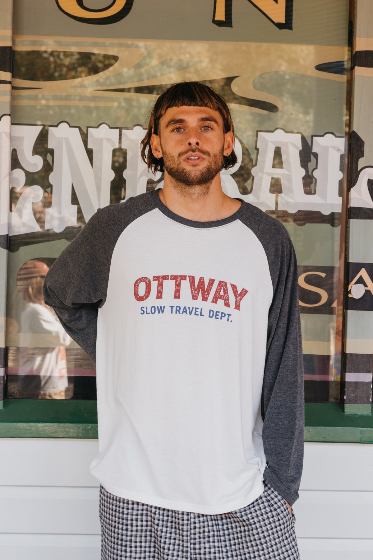 Slow Travel Dept Long Sleeve Raglan T-Shirt - White and Faded Blue