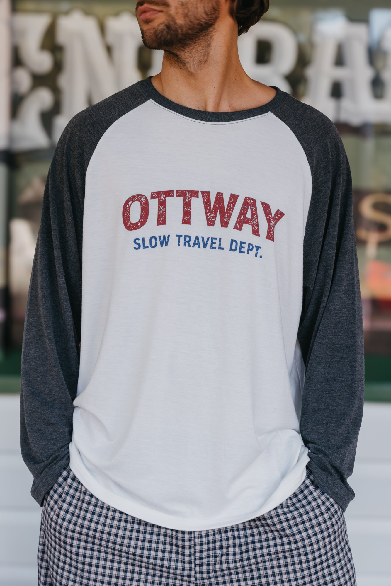 Slow Travel Dept Long Sleeve Raglan T-Shirt - White and Faded Blue