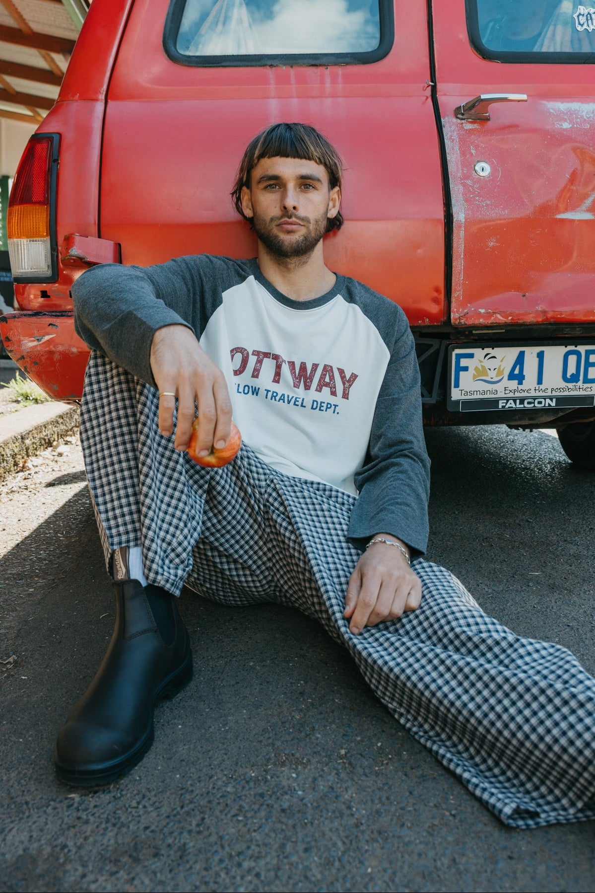 Slow Travel Dept Long Sleeve Raglan T-Shirt - White and Faded Blue