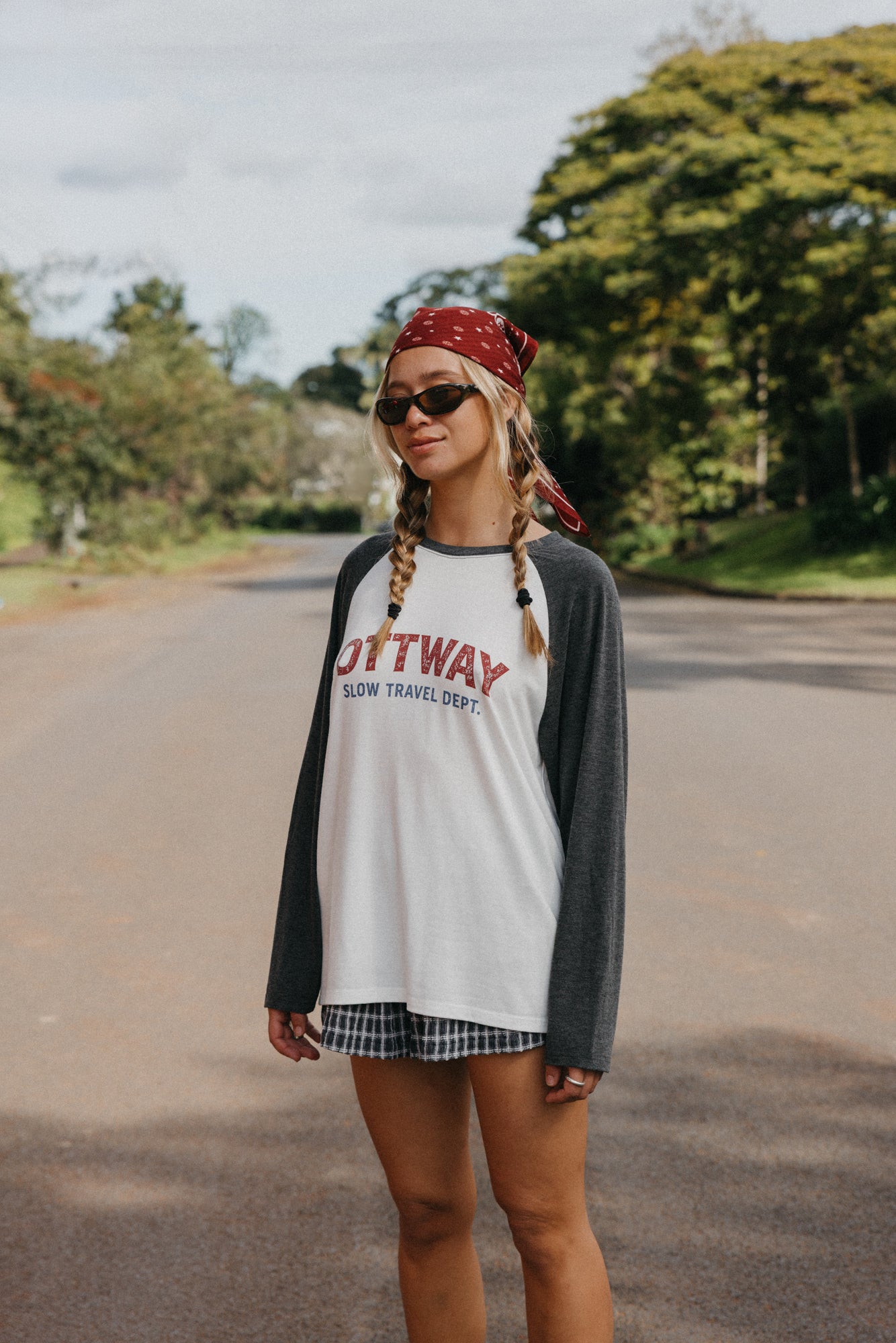 Slow Travel Dept Long Sleeve Raglan Unisex T-Shirt - White and Faded Blue